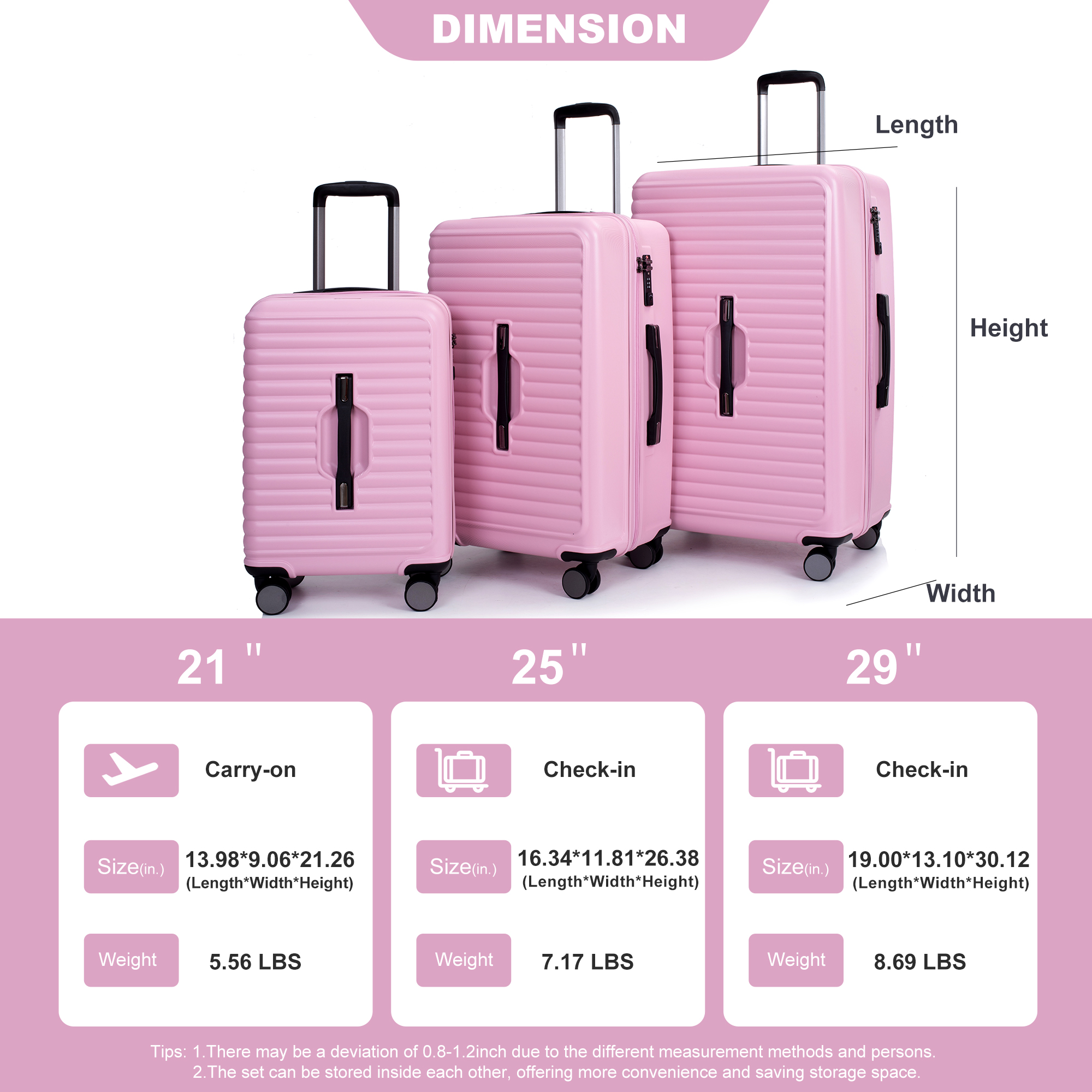 3 Piece Luggage Sets PC+ABS Lightweight Suitcase with Two Hooks, 360° Double Spinner Wheels, TSA Lock, (21/25/29) Pink