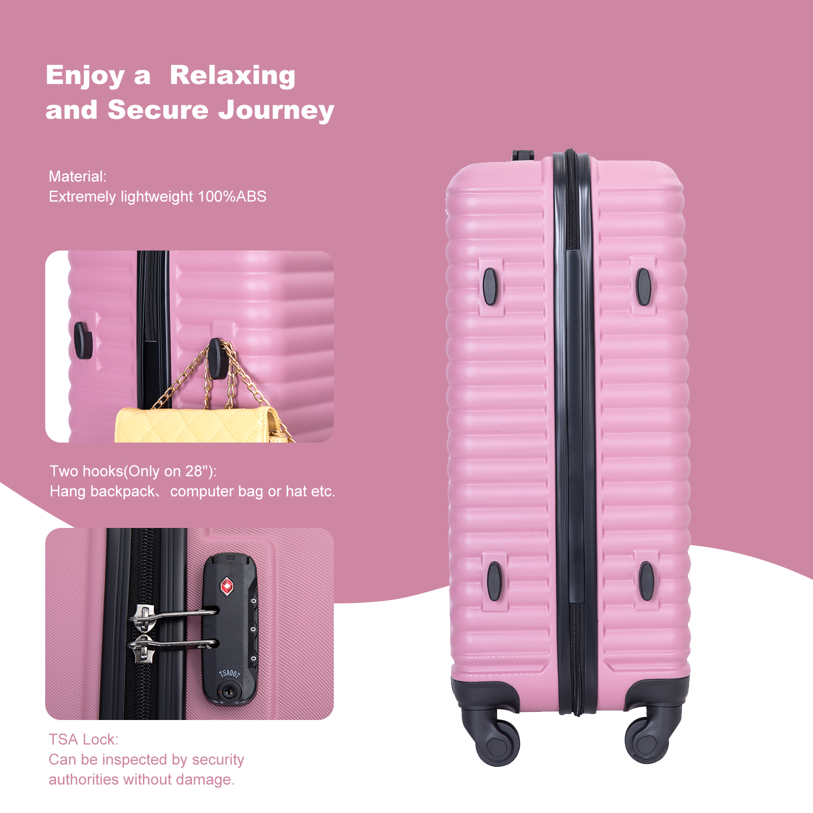 3 Piece Luggage Sets ABS Lightweight Suitcase with Two Hooks, Spinner Wheels, TSA Lock, (20/24/28) PINK