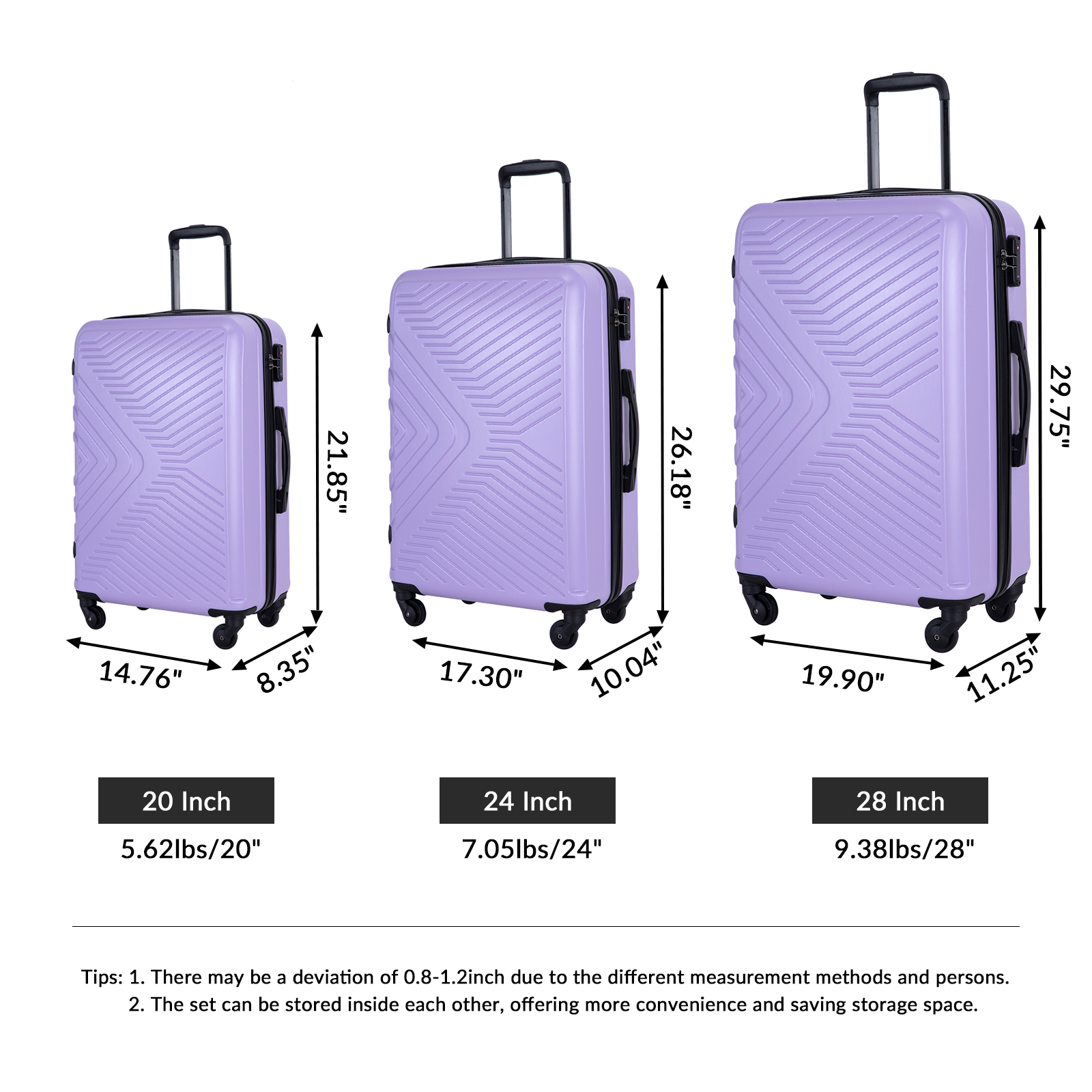 3 Piece Luggage Sets ABS Lightweight Suitcase with Two Hooks, Spinner Wheels, TSA Lock, (20/24/28), LIGHT PURPLE