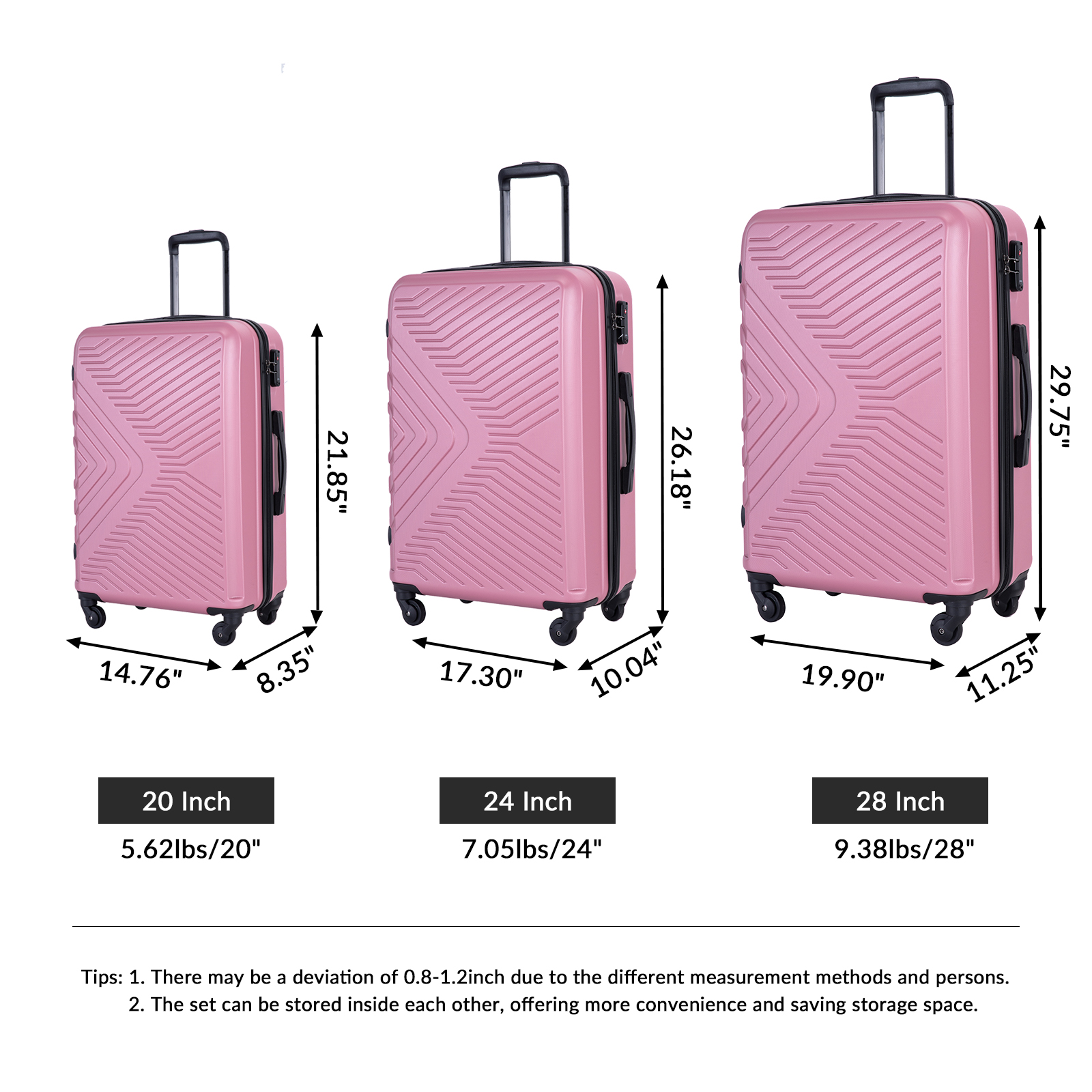 3 Piece Luggage Sets ABS Lightweight Suitcase with Two Hooks, Spinner Wheels, TSA Lock, (20/24/28), Pink