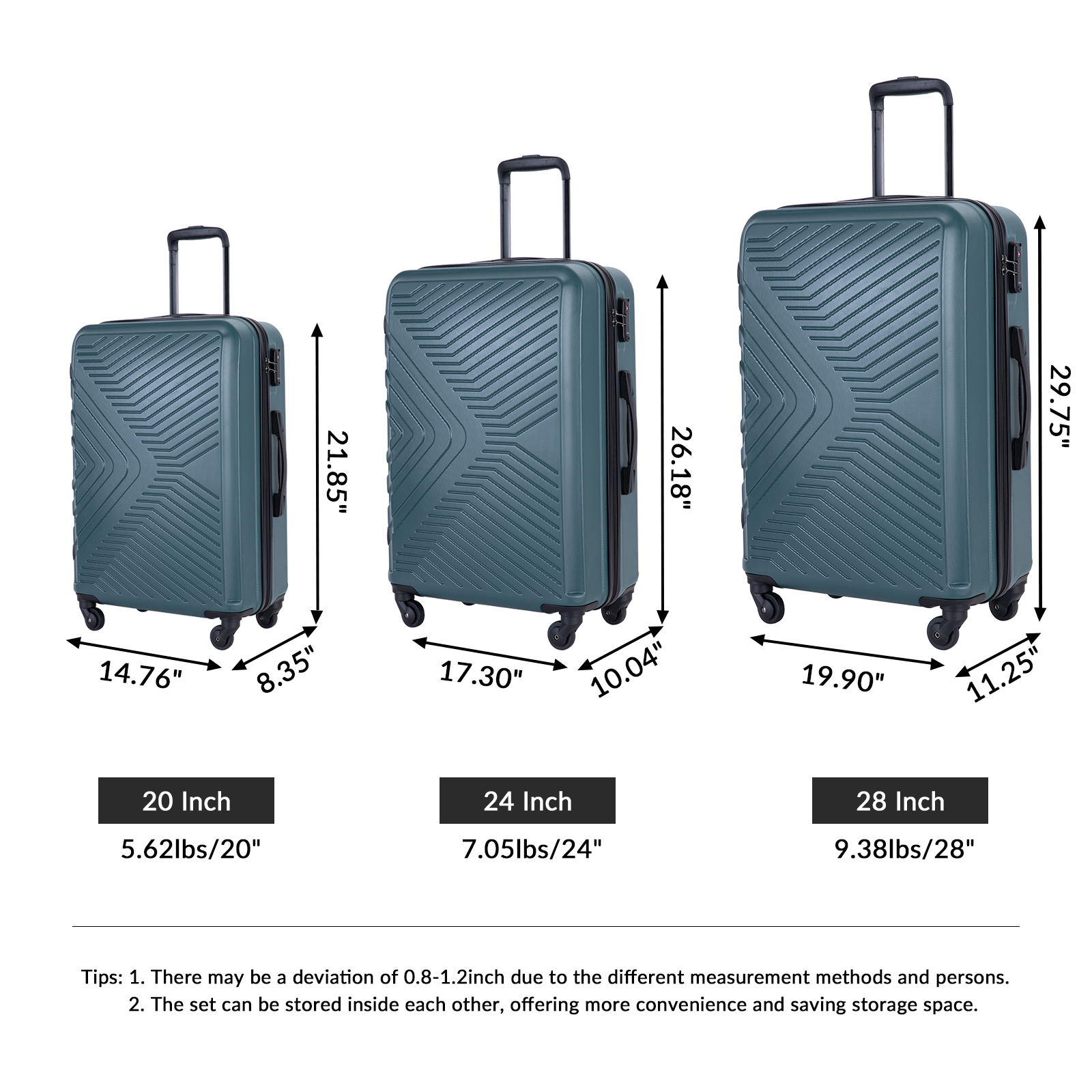 3 Piece Luggage Sets ABS Lightweight Suitcase with Two Hooks, Spinner Wheels, TSA Lock, (20/24/28), DARK GREEN