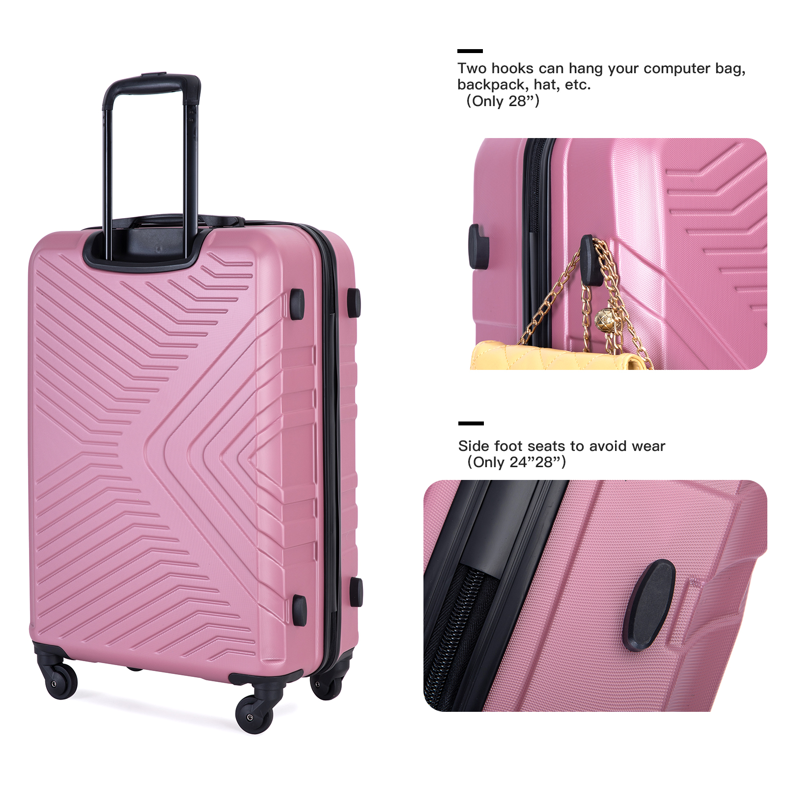 3 Piece Luggage Sets ABS Lightweight Suitcase with Two Hooks, Spinner Wheels, TSA Lock, (20/24/28), Pink