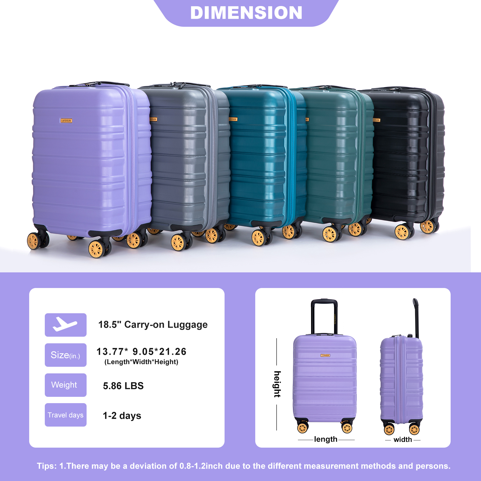 Carry On Luggage  Airline Approved18.5" Carry On Suitcase With TSA Approved Carry On Luggage With Wheels Carry on Bag Hard Shell Suitcases, LIGHT PURPLE