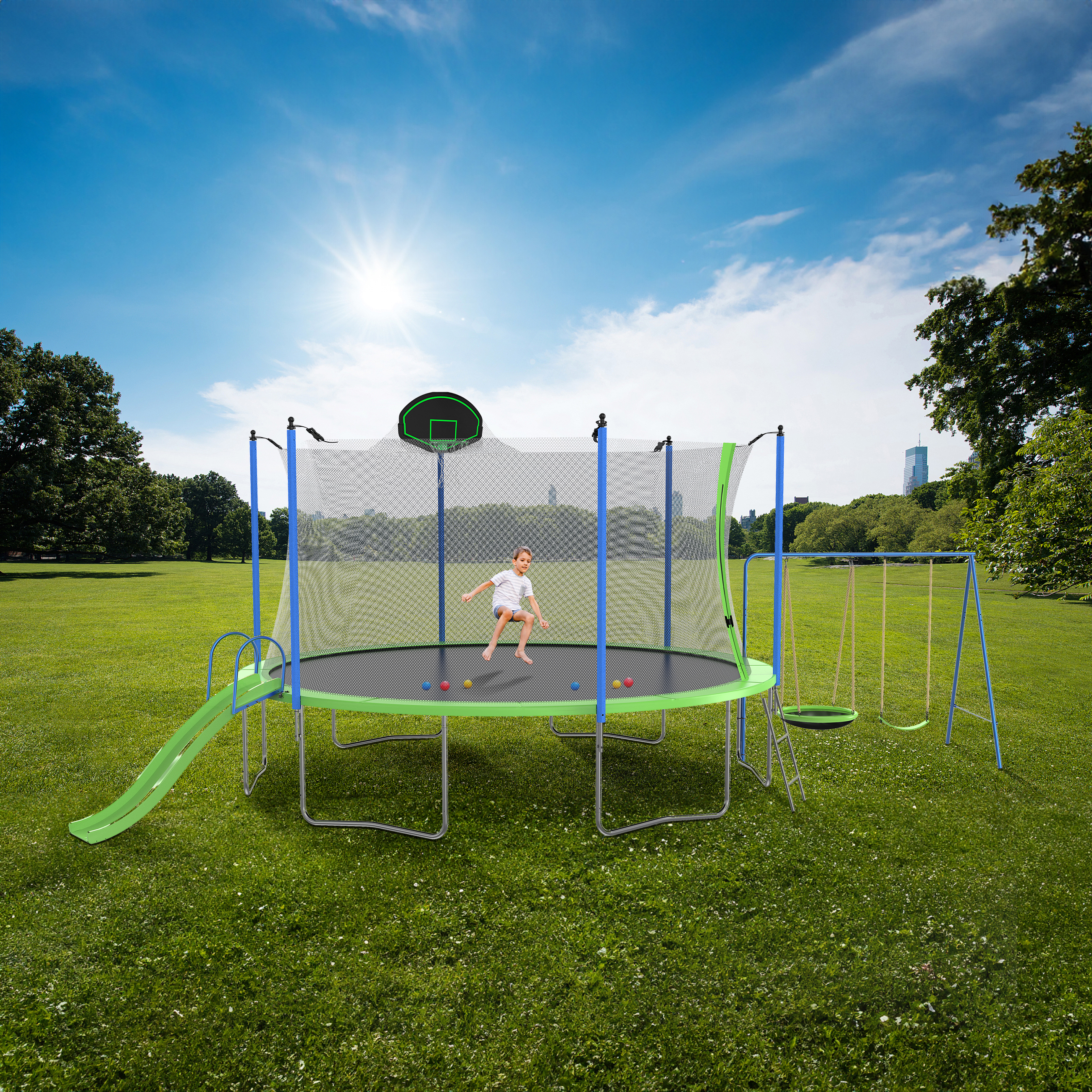 12FT Trampoline with Slide and Swings, ASTM Approved Large Recreational Trampoline with Basketball Hoop and Ladder,Outdoor Backyard Trampoline with Net, Capacity for Kids and Adults