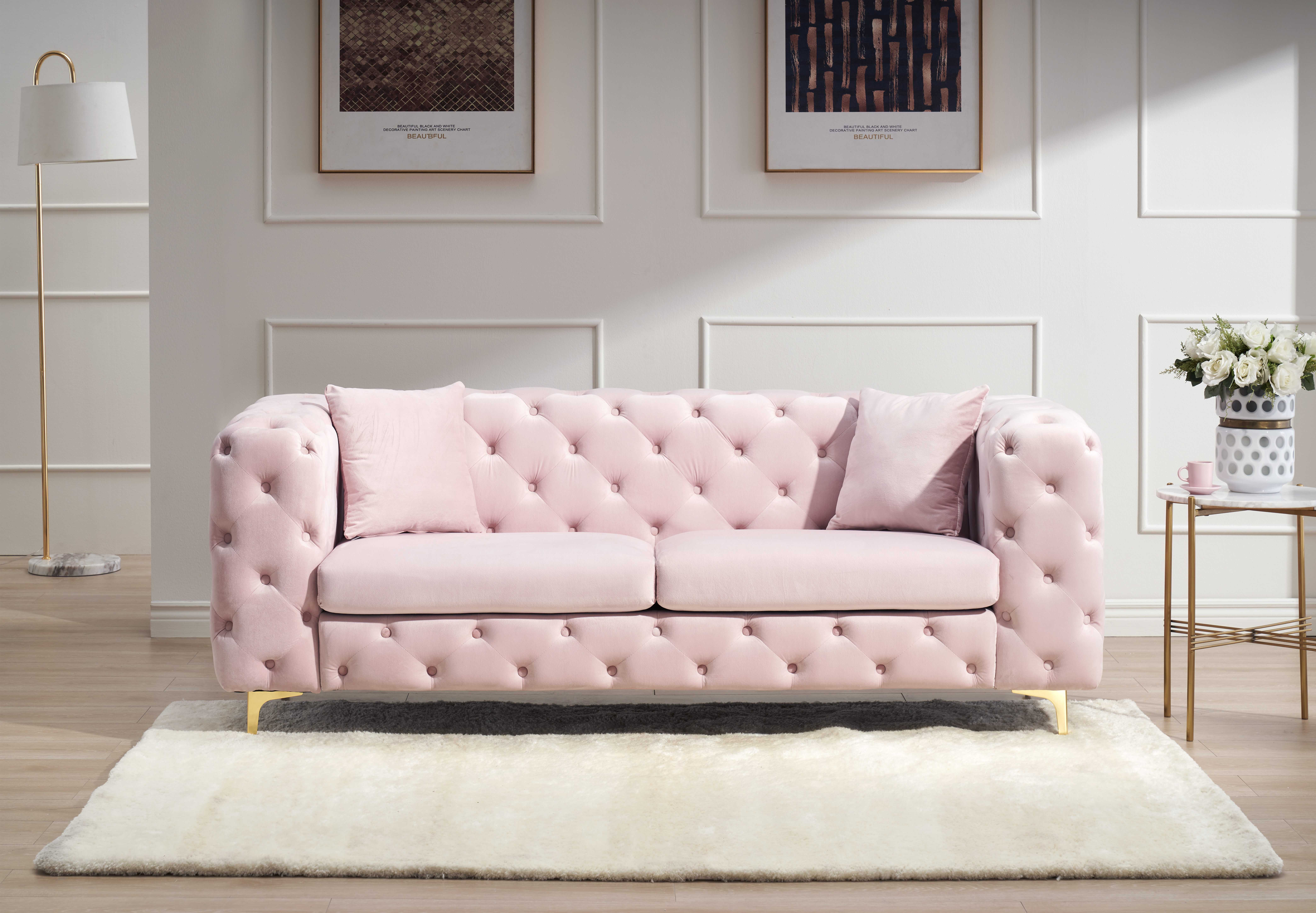 New design comfortable pink loveseat with two throw pillows in the same color-CASAINC