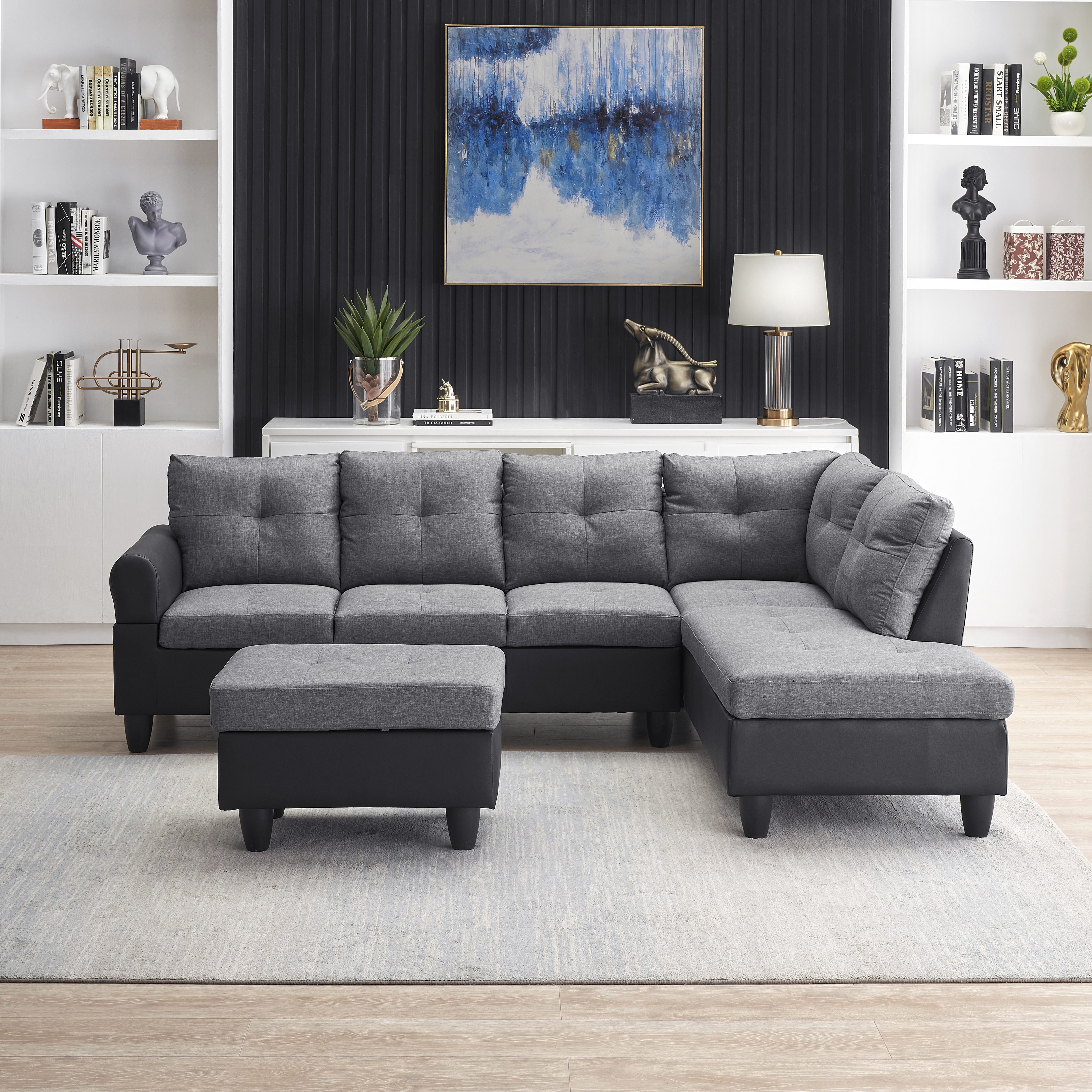 Modern L-Shaped Corner Sofa Right Chaise with Coffee Table and Storage Chessman-CASAINC