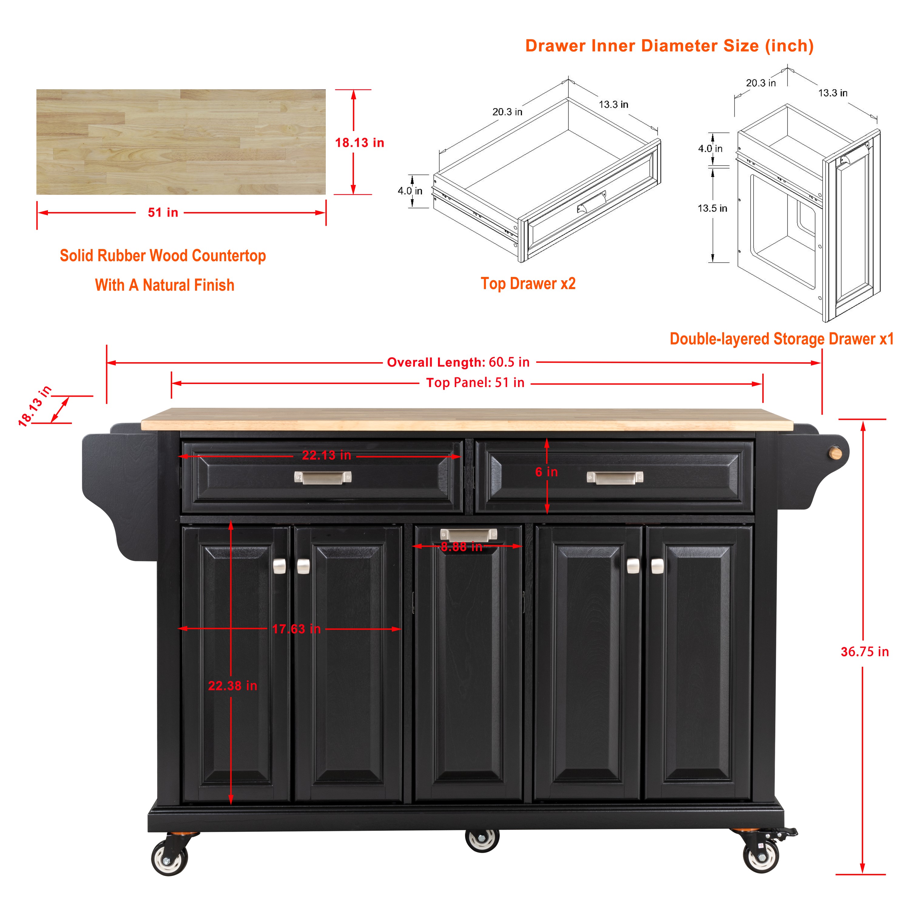 Cambridge Natural Wood Top Kitchen Island with Storage