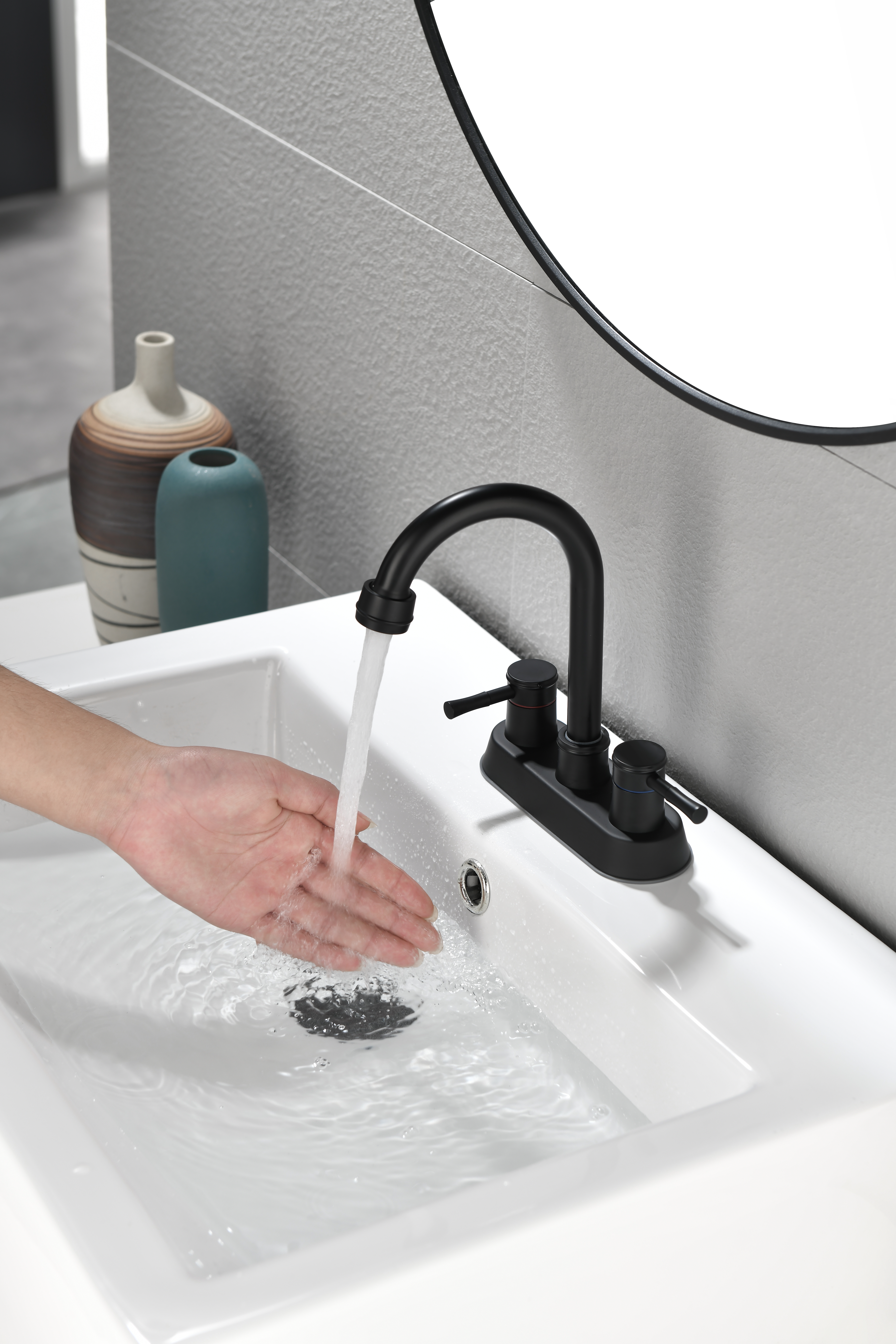 4 Inch 2 Handle Centerset Matte Black Lead-Free Bathroom Faucet, with Copper Pop Up Drain and 2 Water Supply Lines