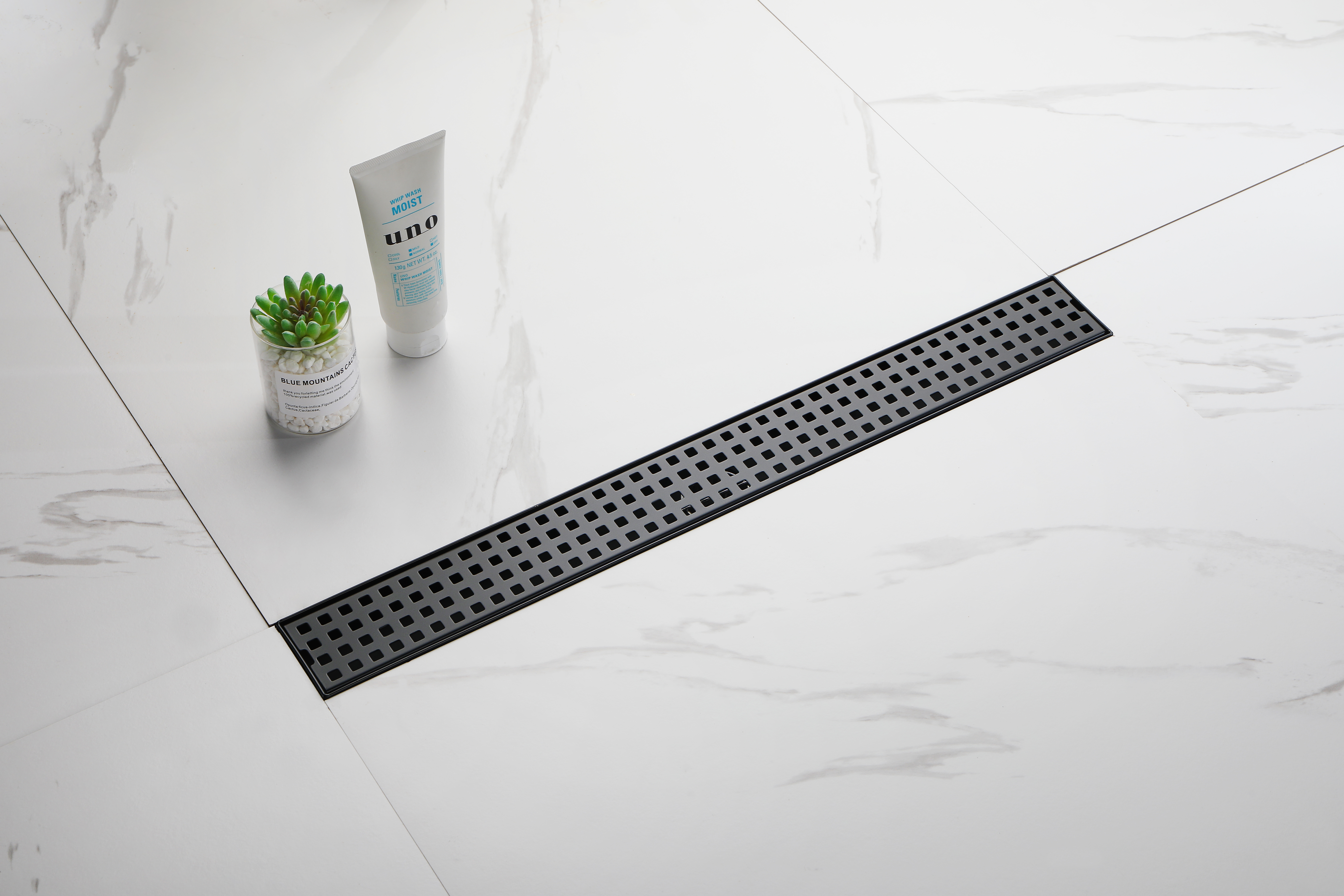 24 Inches Linear Shower Drain with Removable Quadrato Pattern Grate, 304 Stainless Shower Drain  Included Hair Strainer and Leveling Feet