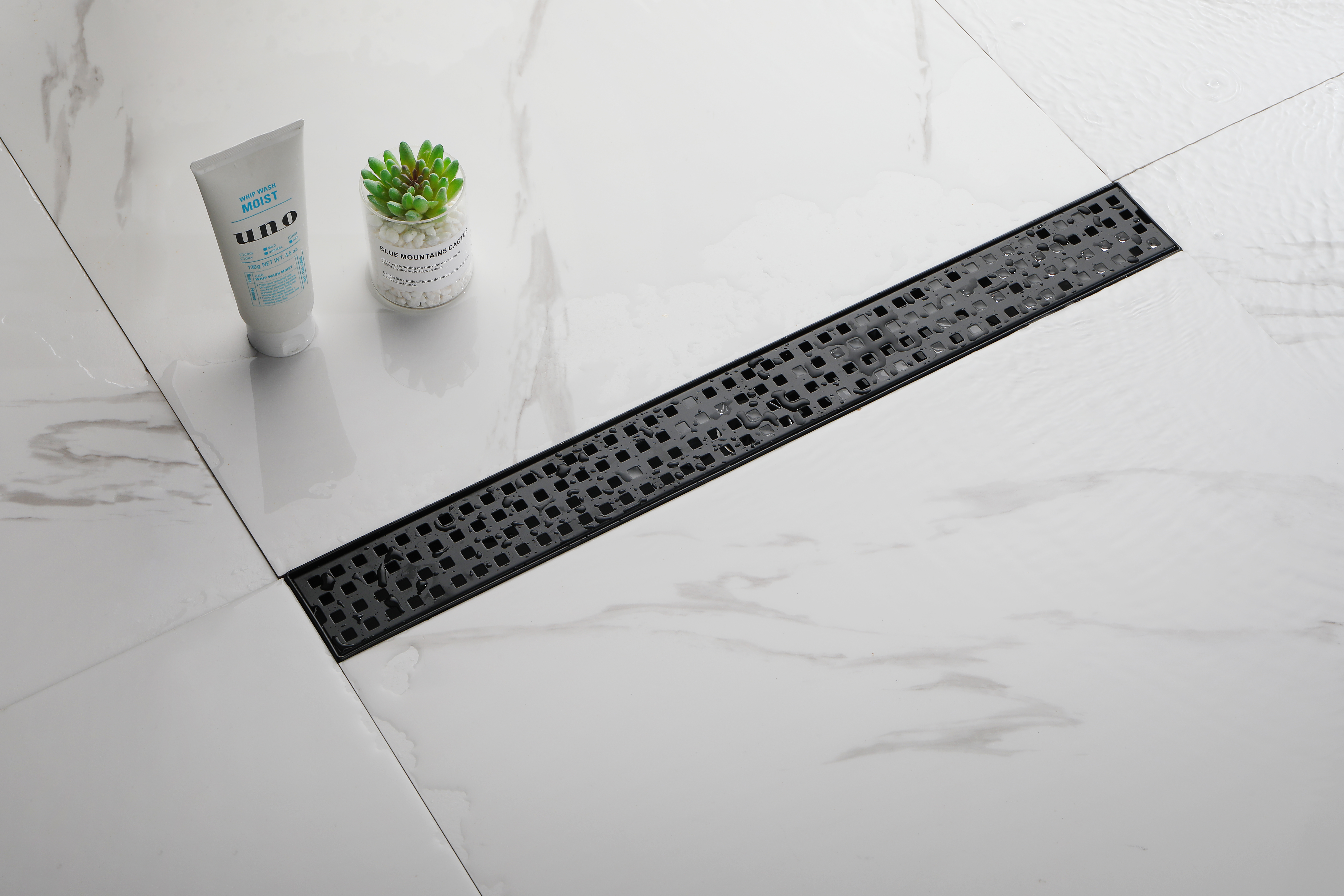 24 Inches Linear Shower Drain with Removable Quadrato Pattern Grate, 304 Stainless Shower Drain  Included Hair Strainer and Leveling Feet