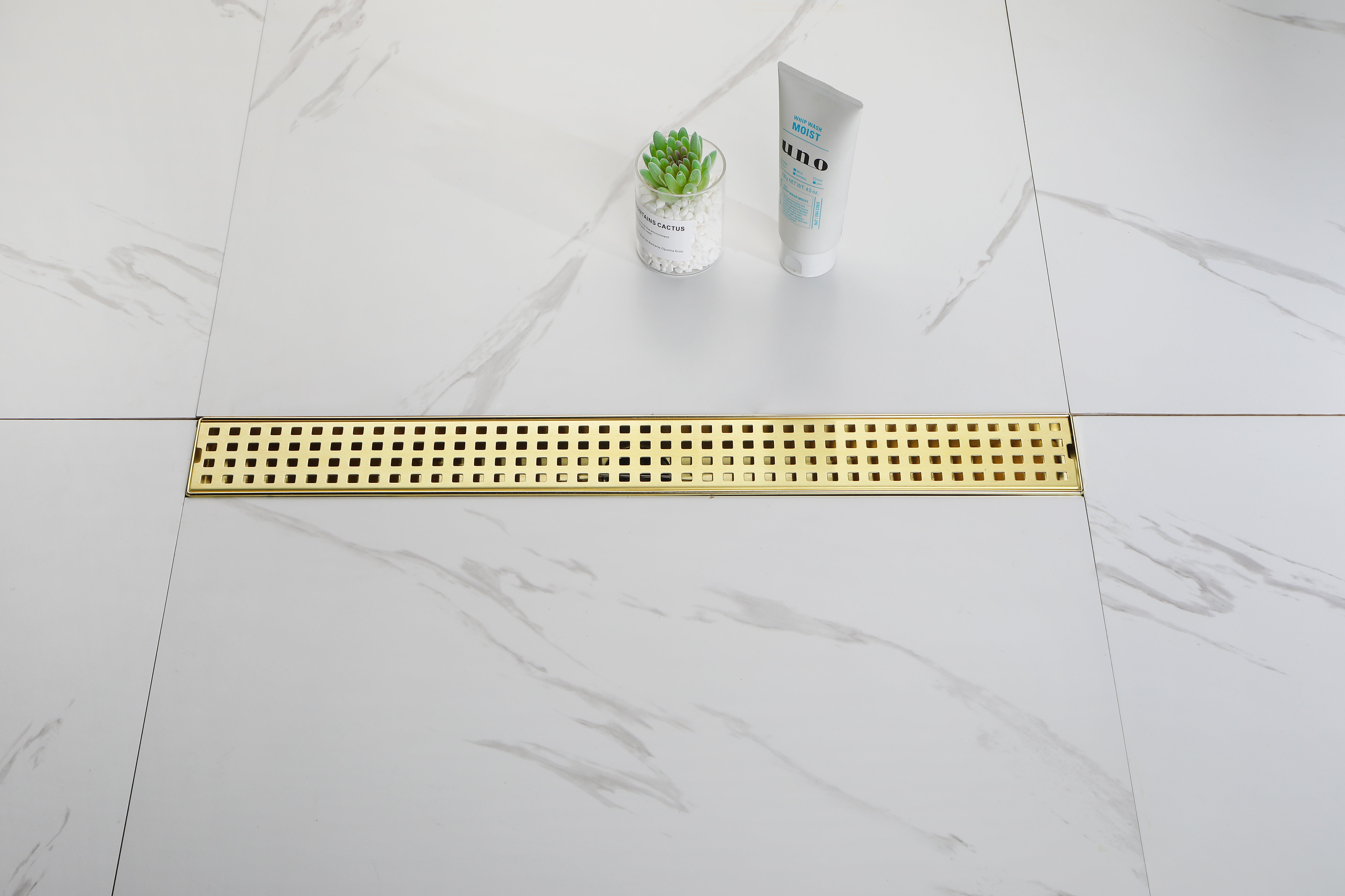 24 Inches Linear Shower Drain with Removable Quadrato Pattern Grate, 304 Stainless Shower Drain Included Hair Strainer and Leveling Feet, Flange