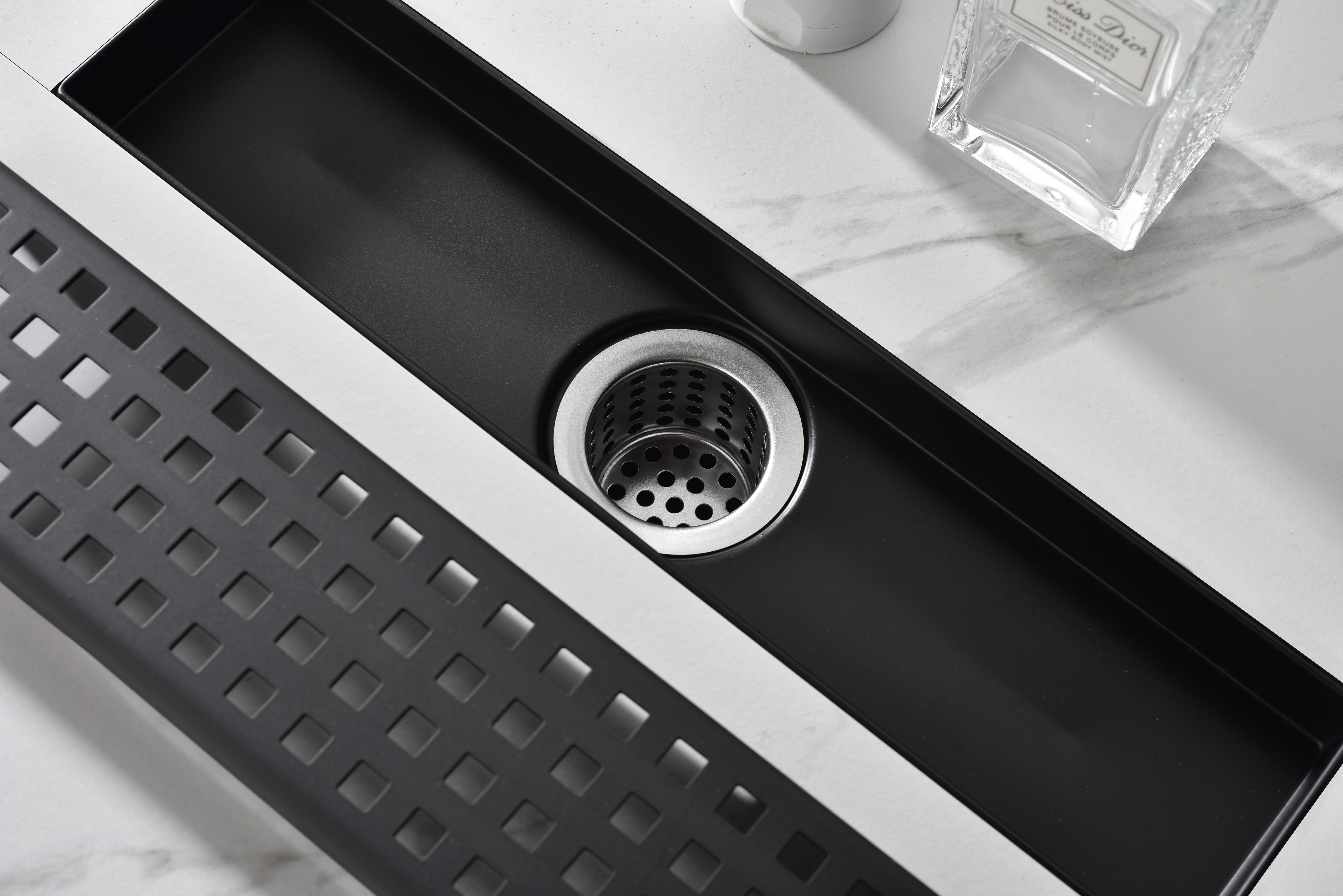 12 Inches Linear Shower Drain with Removable Quadrato Pattern Grate, 304 Stainless Shower Drain Included Hair Strainer and Leveling Feet