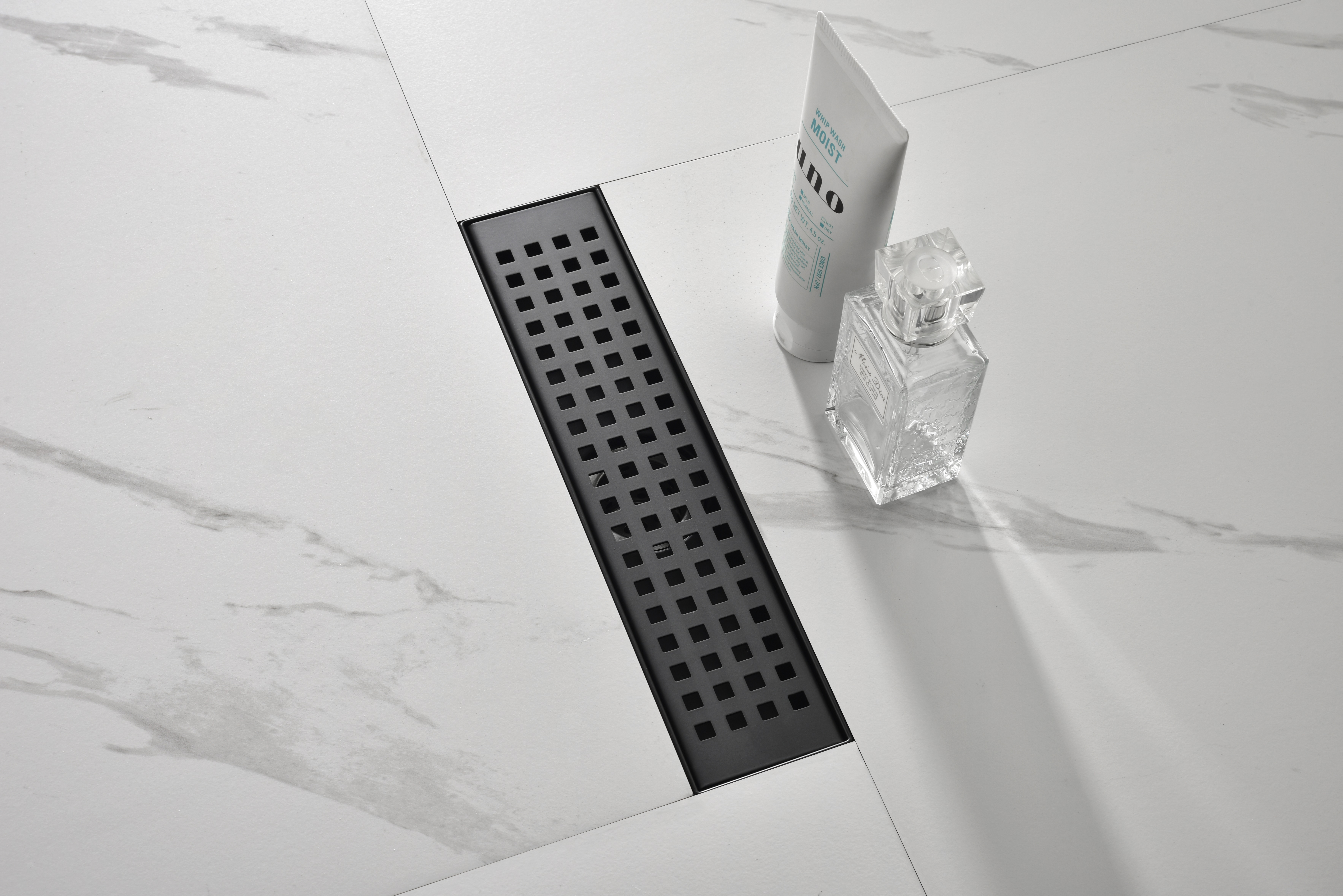 12 Inches Linear Shower Drain with Removable Quadrato Pattern Grate, 304 Stainless Shower Drain Included Hair Strainer and Leveling Feet