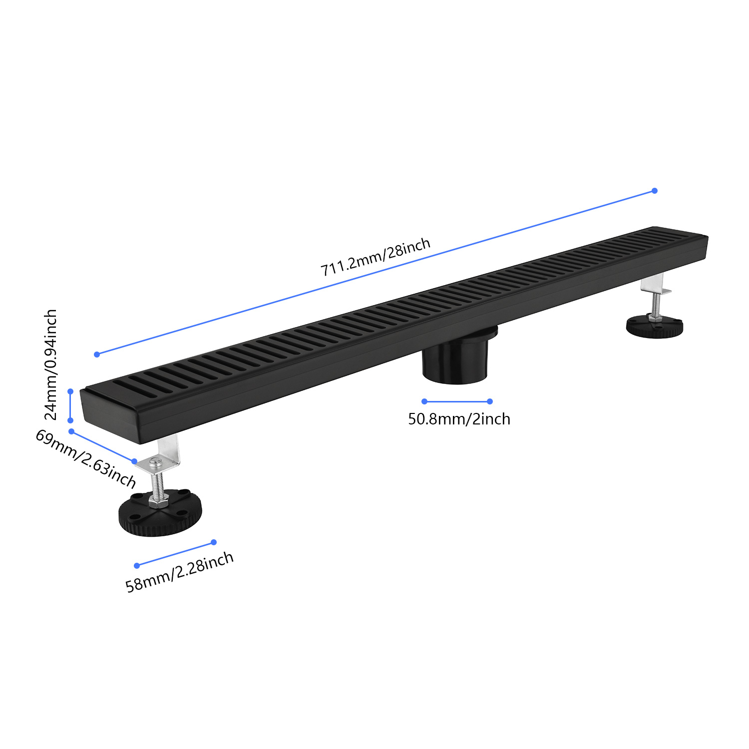 28 Inch Shower Linear Drain, with Removable Capsule Pattern Grate, Stainless Steel Fast Drainage Floor Linear Drain Black Include Adjustable Feet, Hair Strainer