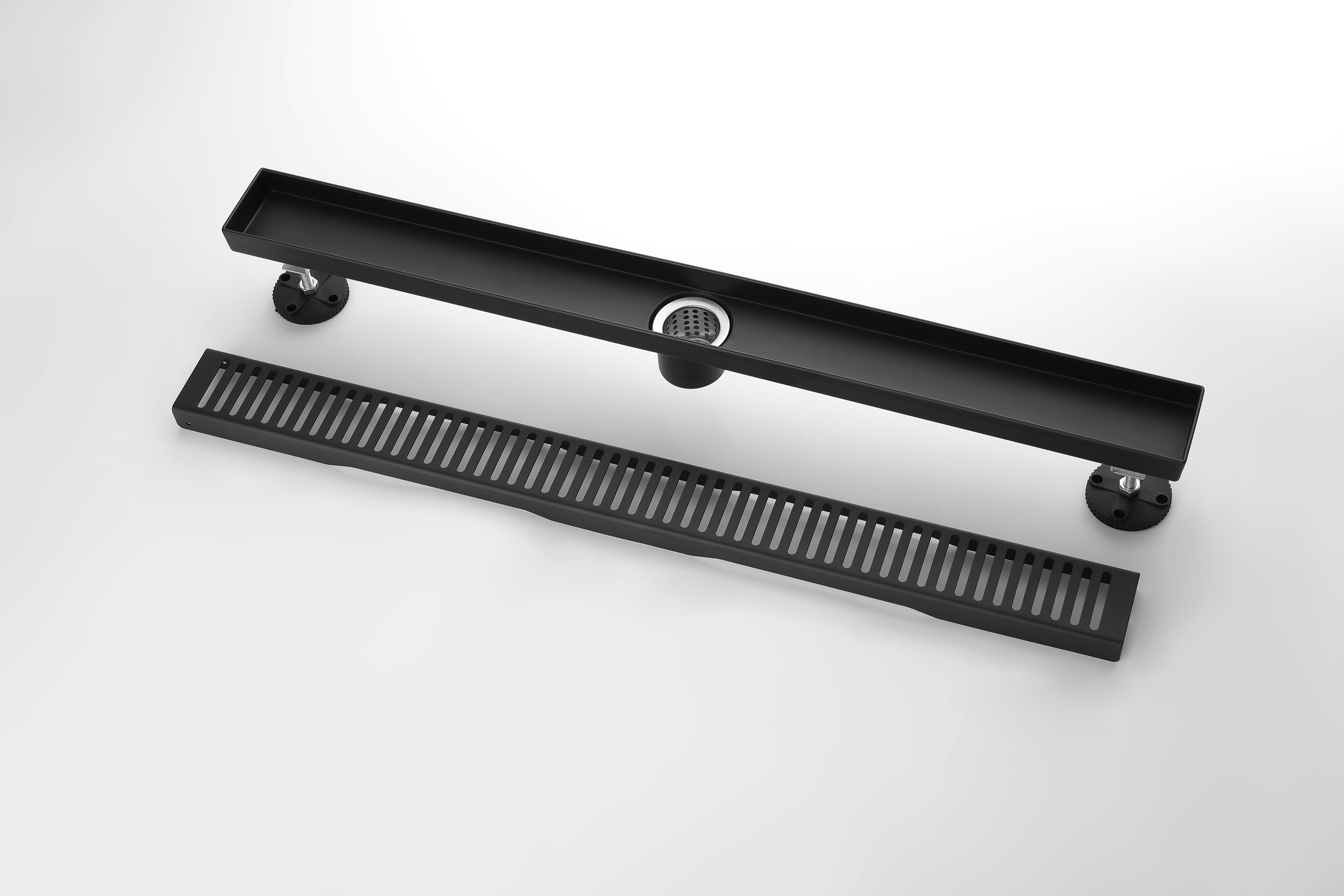 28 Inch Shower Linear Drain, with Removable Capsule Pattern Grate, Stainless Steel Fast Drainage Floor Linear Drain Black Include Adjustable Feet, Hair Strainer