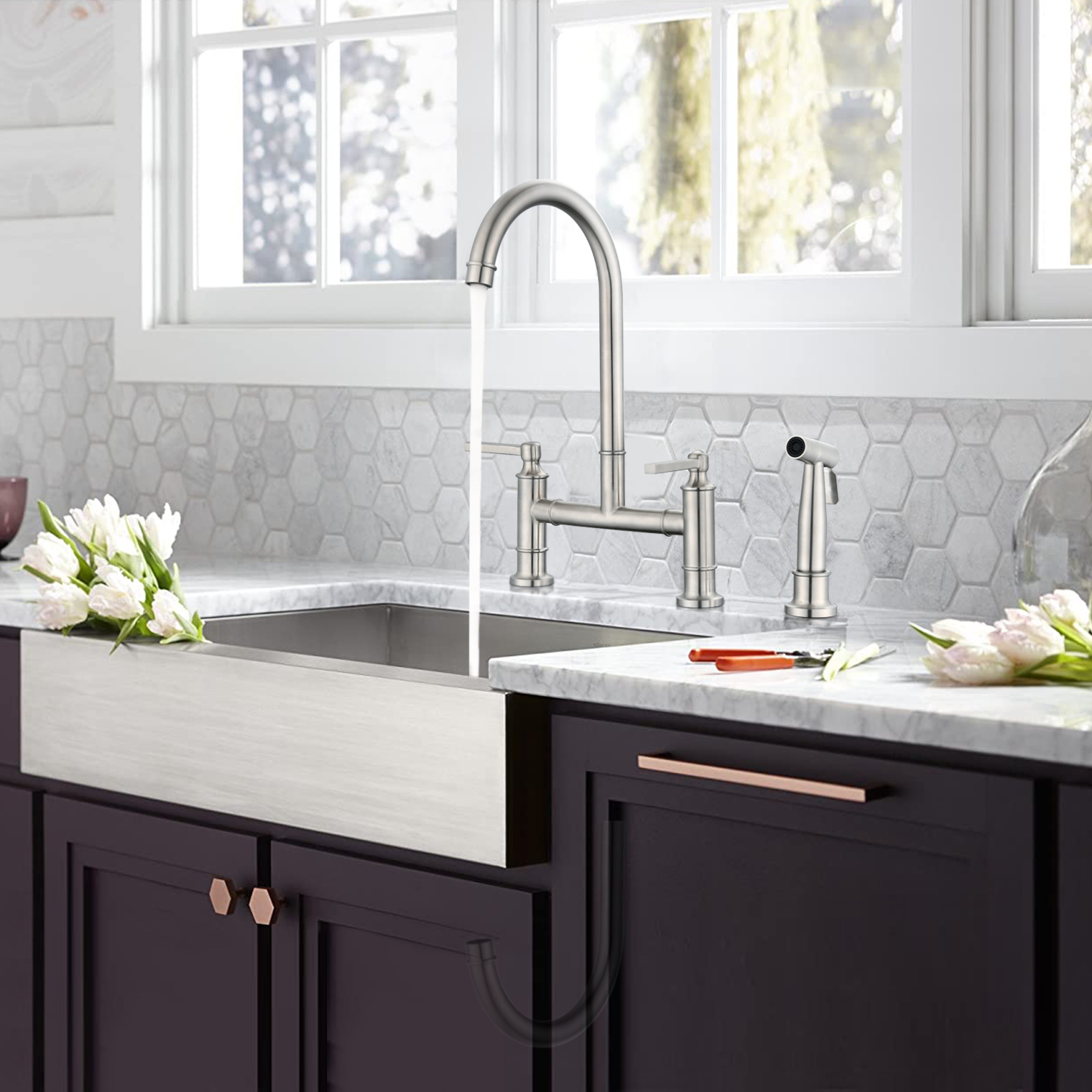 Double Handle Bridge Kitchen Faucet with Side Spray