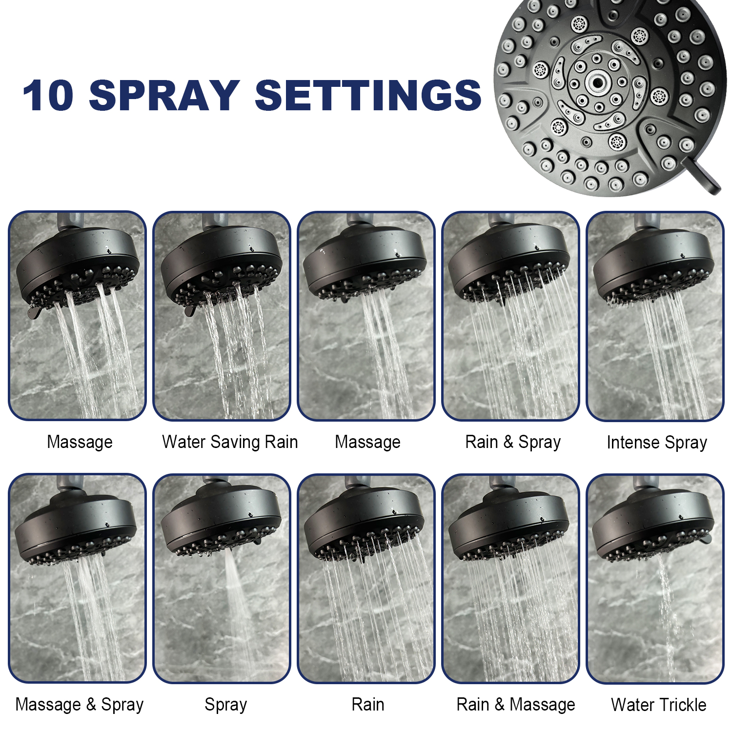 High-Pressure Rain Shower Head With 10 Spray Modes, 4.7 inch Fixed Bathroom Rainfall Showerhead With Adjustable Swivel Ball Joint, Bathroom Accessories