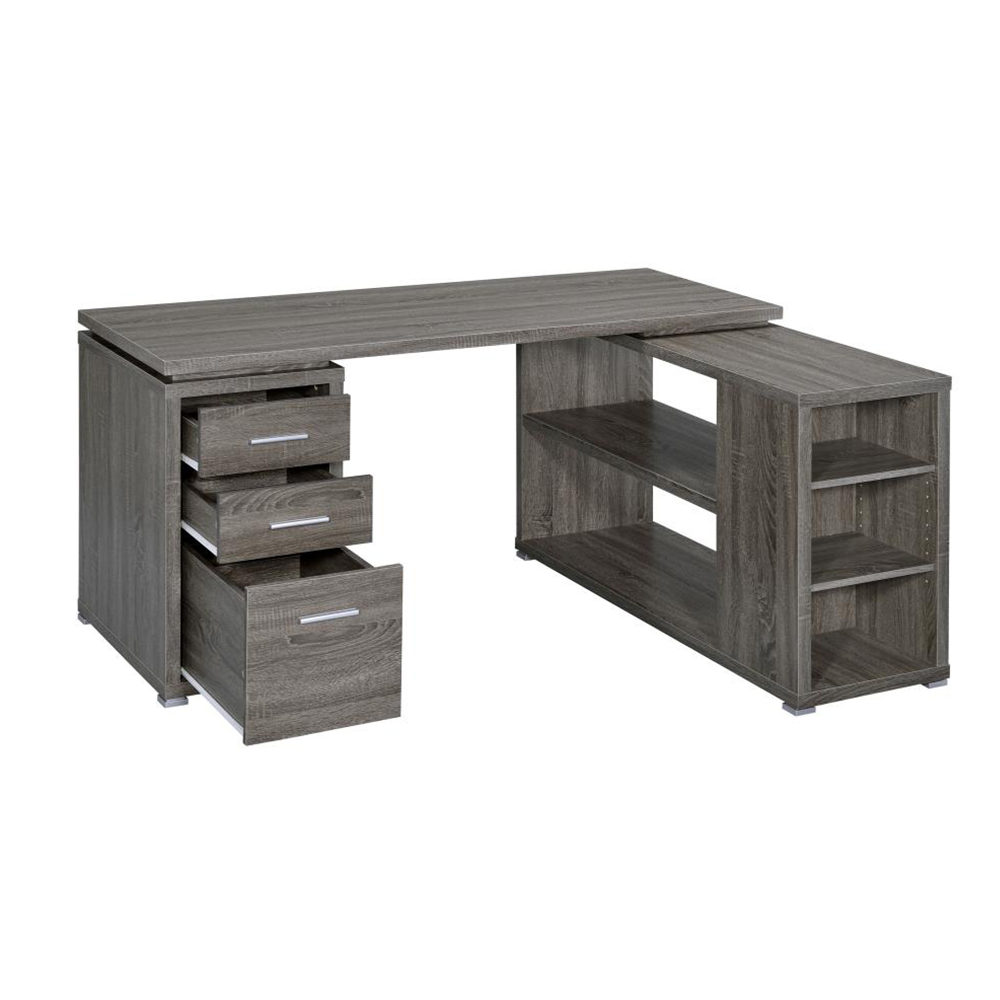 L-Shape Office Desk With Drawers and Shelves, Weathered Grey