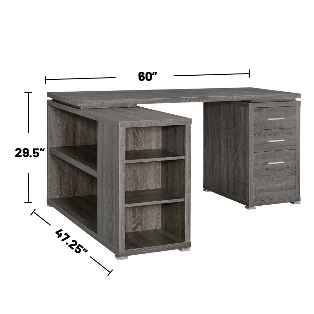 L-Shape Office Desk With Drawers and Shelves, Weathered Grey