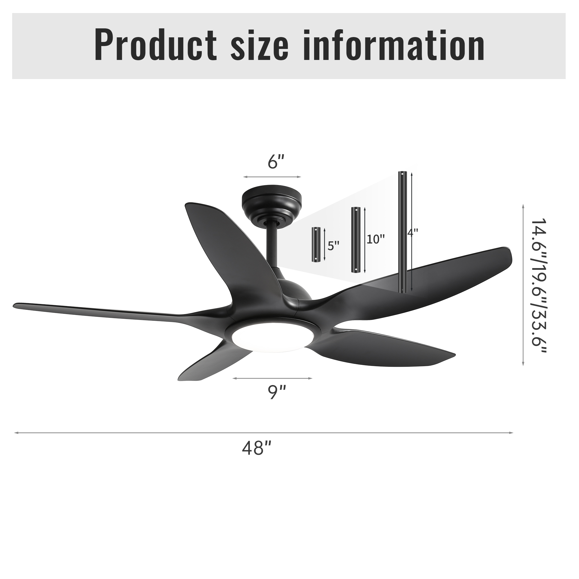 48 Inch Ceiling Fan with Dimmable LED Light and Remote Control, 5 ABS Blades DC Motor Black