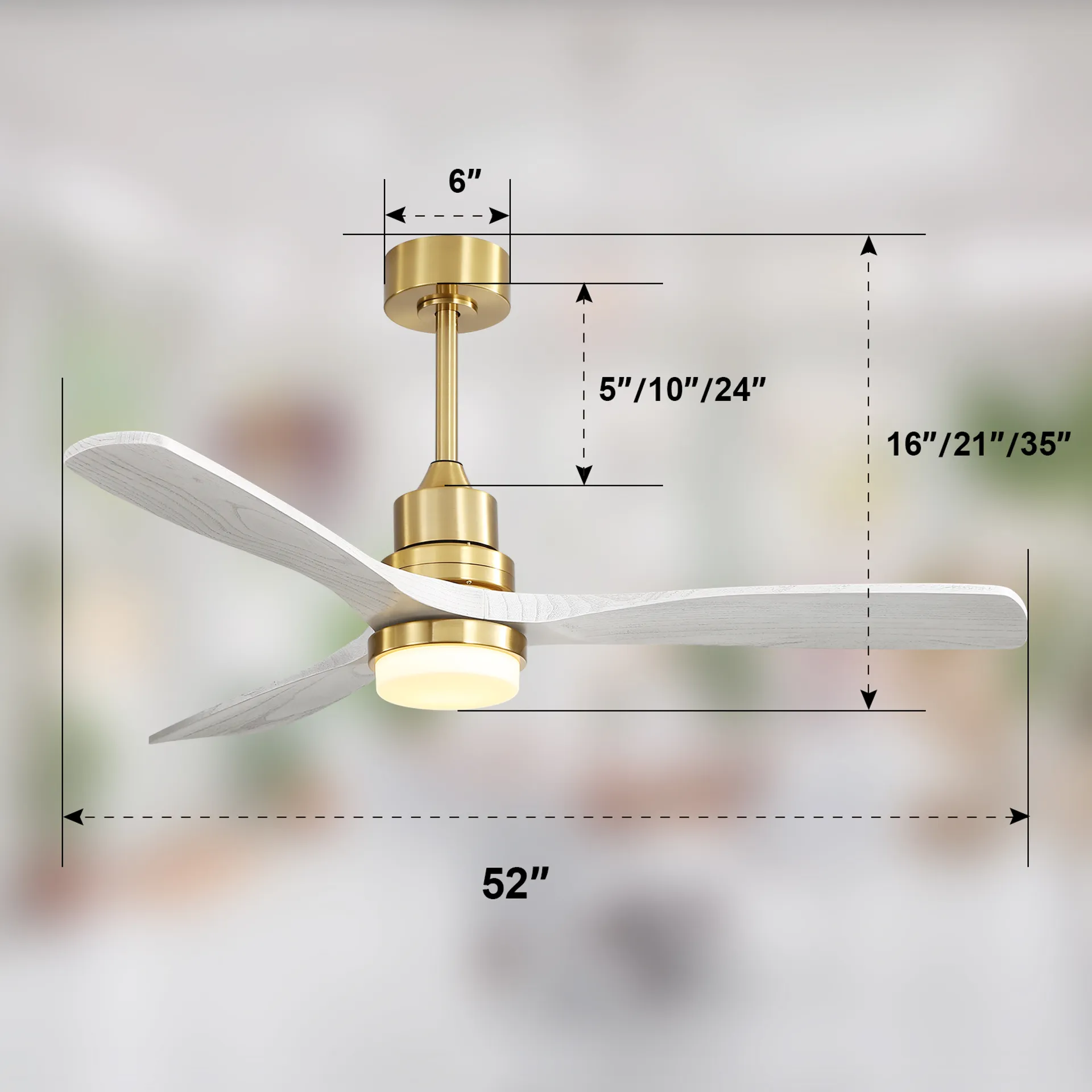 ระบบห้องนอนพร้อมไฟ LED สามารถปรับความสว่างได้ 6 ระดับ รีโมทควบคุมความเร็ว สีทอง ใบพับไม้ 3 ใบ มอเตอร์ DC สำหรับห้องนั่งเล่น