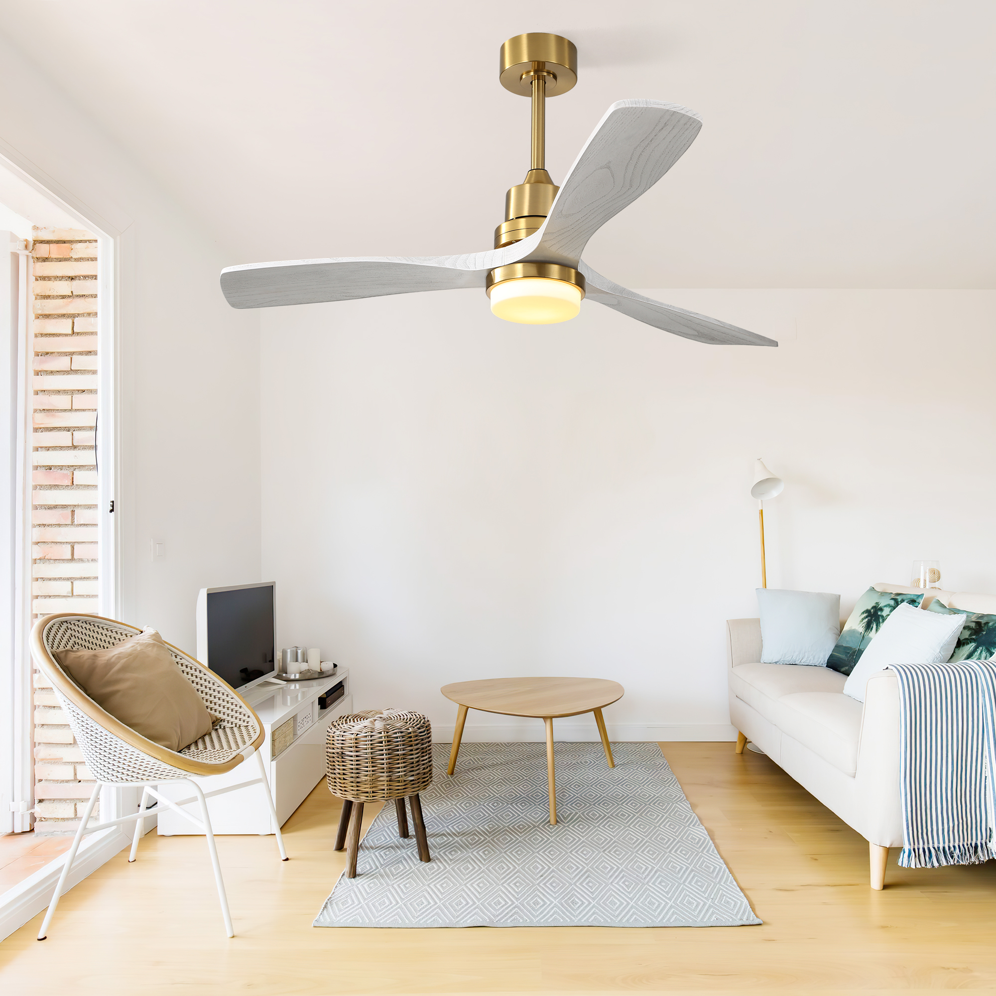 Indoor 52 Inch Ceiling Fan With Dimmable Led Light 6 Speed Remote Gold 3 Wood Blade Reversible DC Motor For Living Room