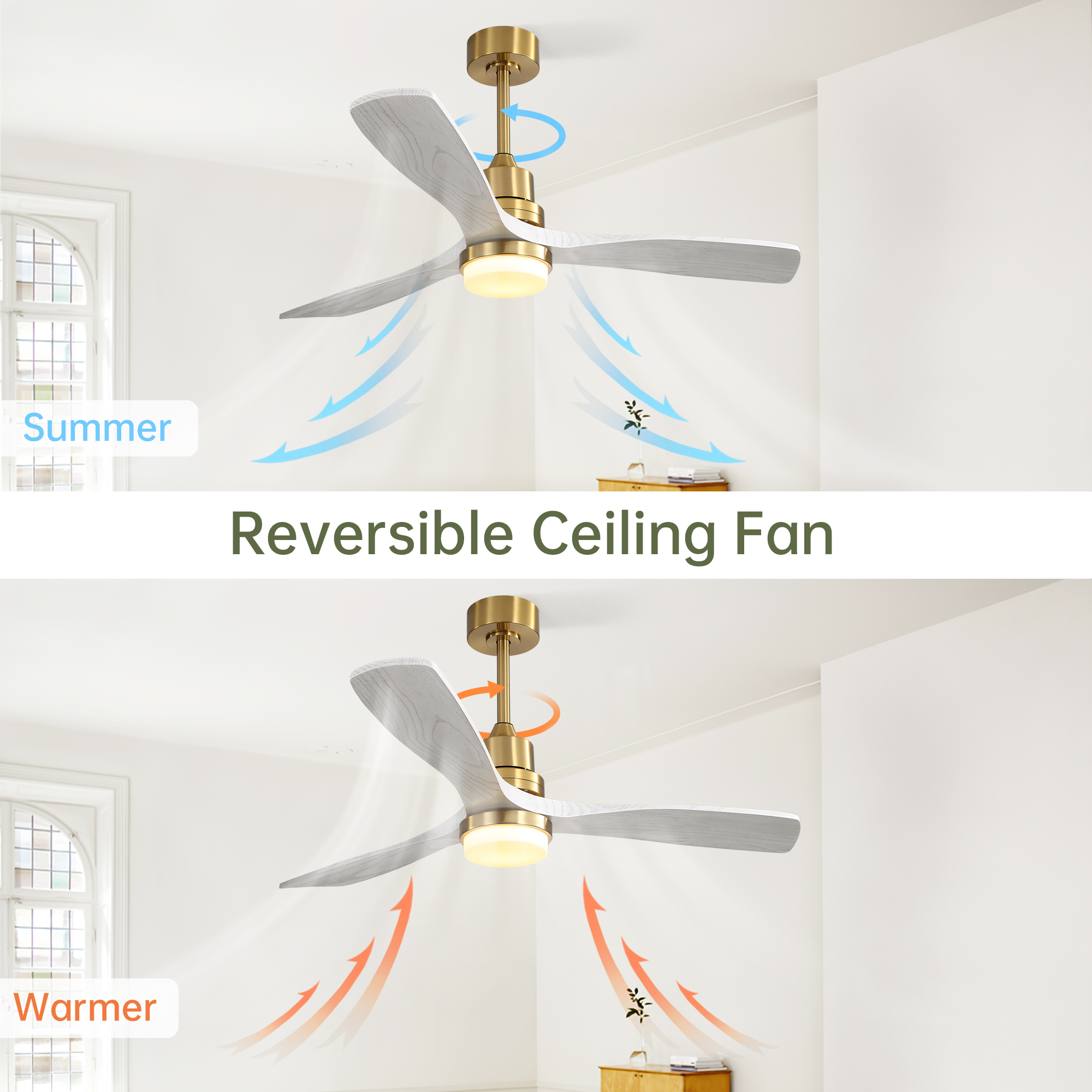 Indoor 52 Inch Ceiling Fan With Dimmable Led Light 6 Speed Remote Gold 3 Wood Blade Reversible DC Motor For Living Room