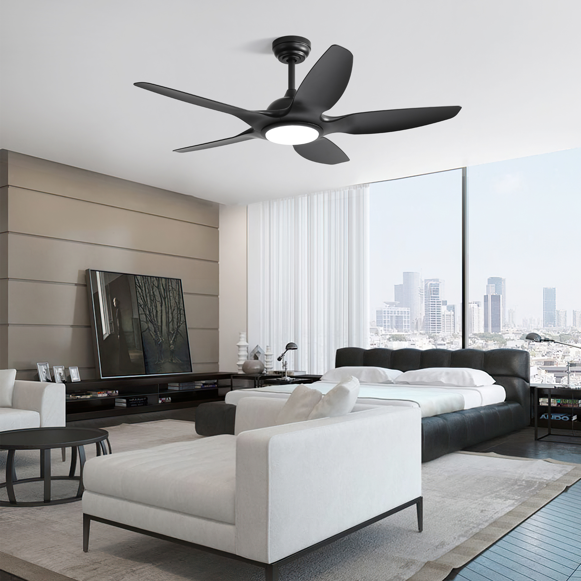 48 Inch Ceiling Fan with Dimmable LED Light and Remote Control, 5 ABS Blades DC Motor Black