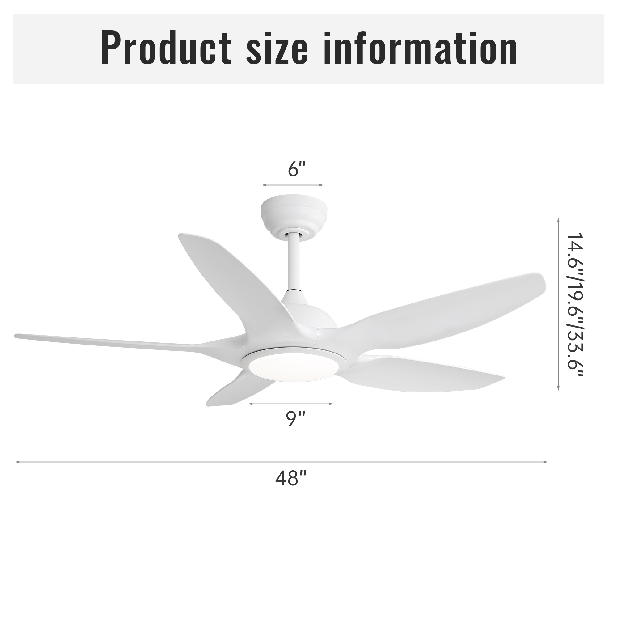 48 Inch Ceiling Fan with Dimmable LED Light and Remote Control, 5 ABS Blades DC Motor White