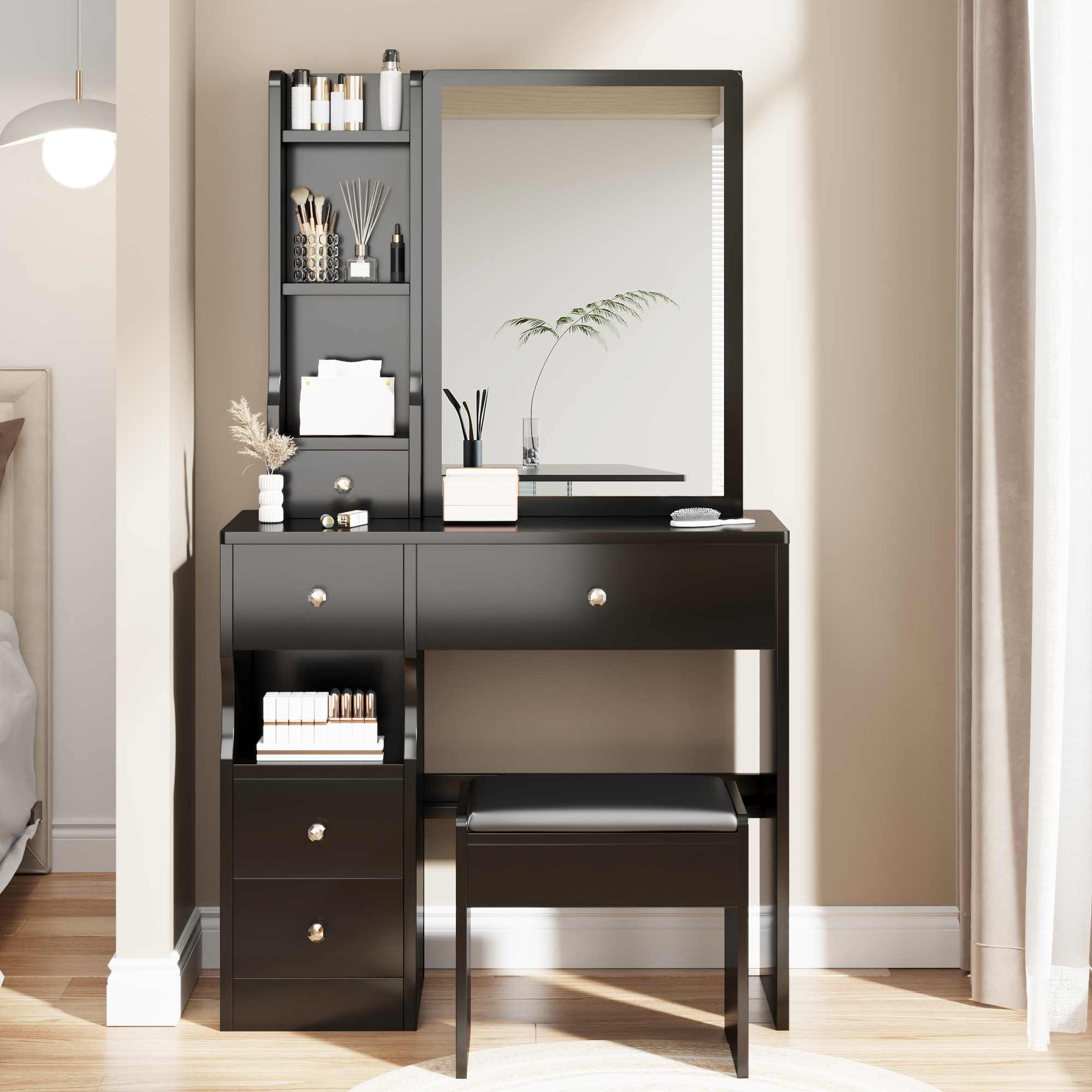 Small Space Left Drawer Desktop Vanity Table + Cushioned Stool, Extra Large Right sliding mirror, Multi Layer High Capacity Storage, Practical Fashionable Dresser, Suitable for Girls Up To 5.6ft Tall