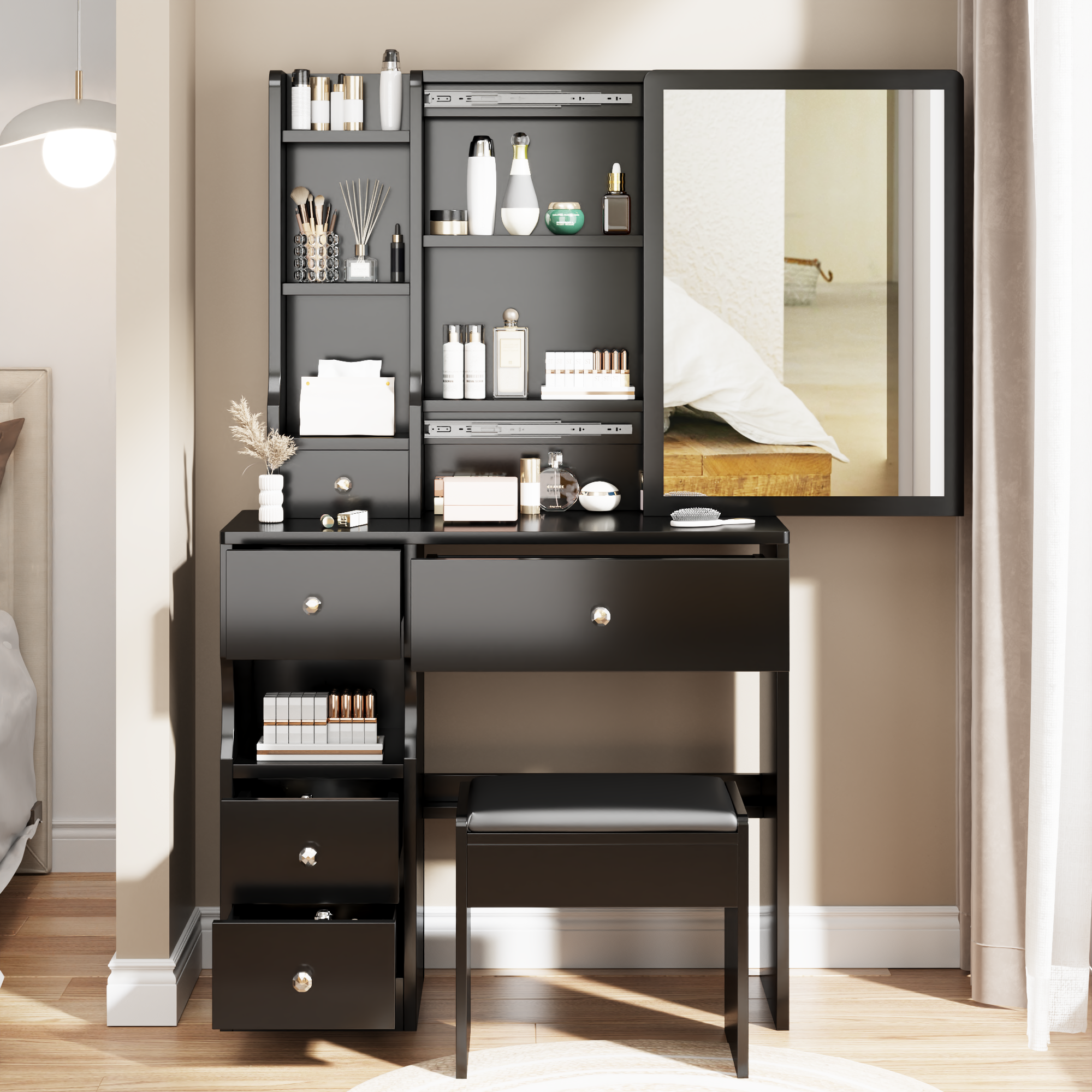 Small Space Left Drawer Desktop Vanity Table + Cushioned Stool, Extra Large Right sliding mirror, Multi Layer High Capacity Storage, Practical Fashionable Dresser, Suitable for Girls Up To 5.6ft Tall