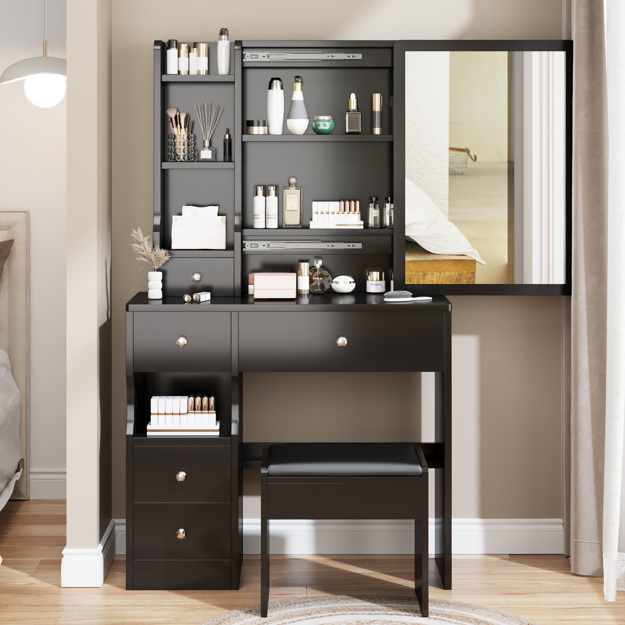 Small Space Left Drawer Desktop Vanity Table + Cushioned Stool, Extra Large Right sliding mirror, Multi Layer High Capacity Storage, Practical Fashionable Dresser, Suitable for Girls Up To 5.6ft Tall