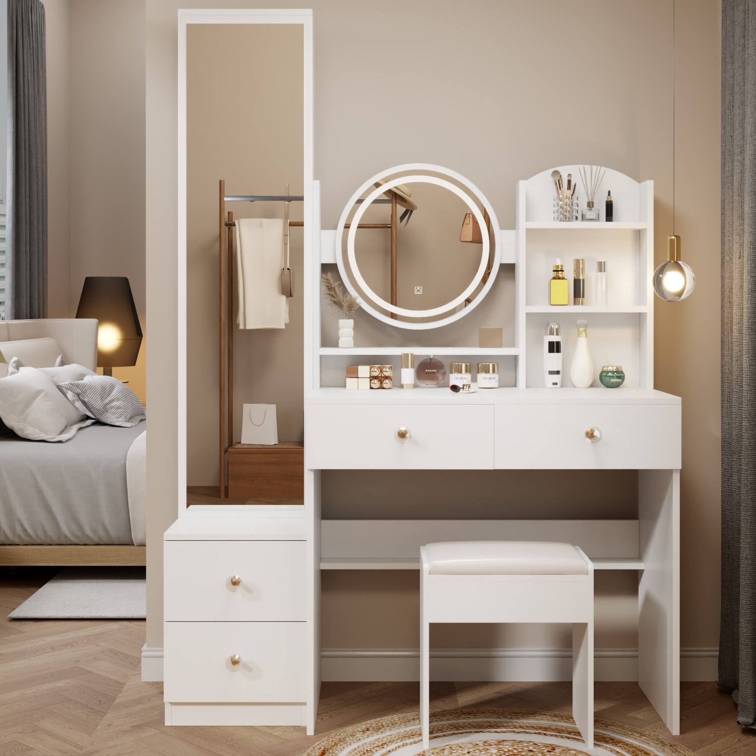 Full Body Mirror Cabinet + Round Mirror LED Vanity Table + Cushioned Stool, 17" diameter LED Mirror, Touch Control, 3-color, Brightness adjustable, Large desktop, Multi-layer High Capacity Storage