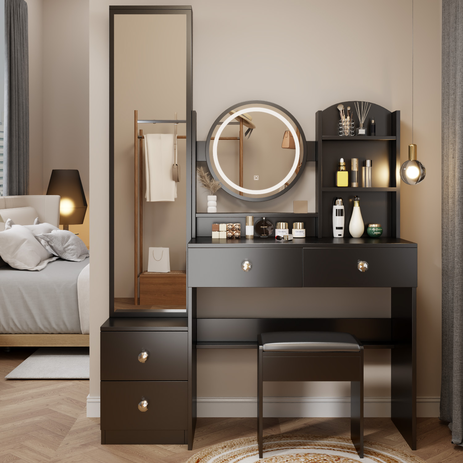 Full Body Mirror Cabinet + Round Mirror LED Vanity Table + Cushioned Stool, 17" diameter LED Mirror, Touch Control, 3-color, Brightness adjustable, Large desktop, Multi-layer High Capacity Storage