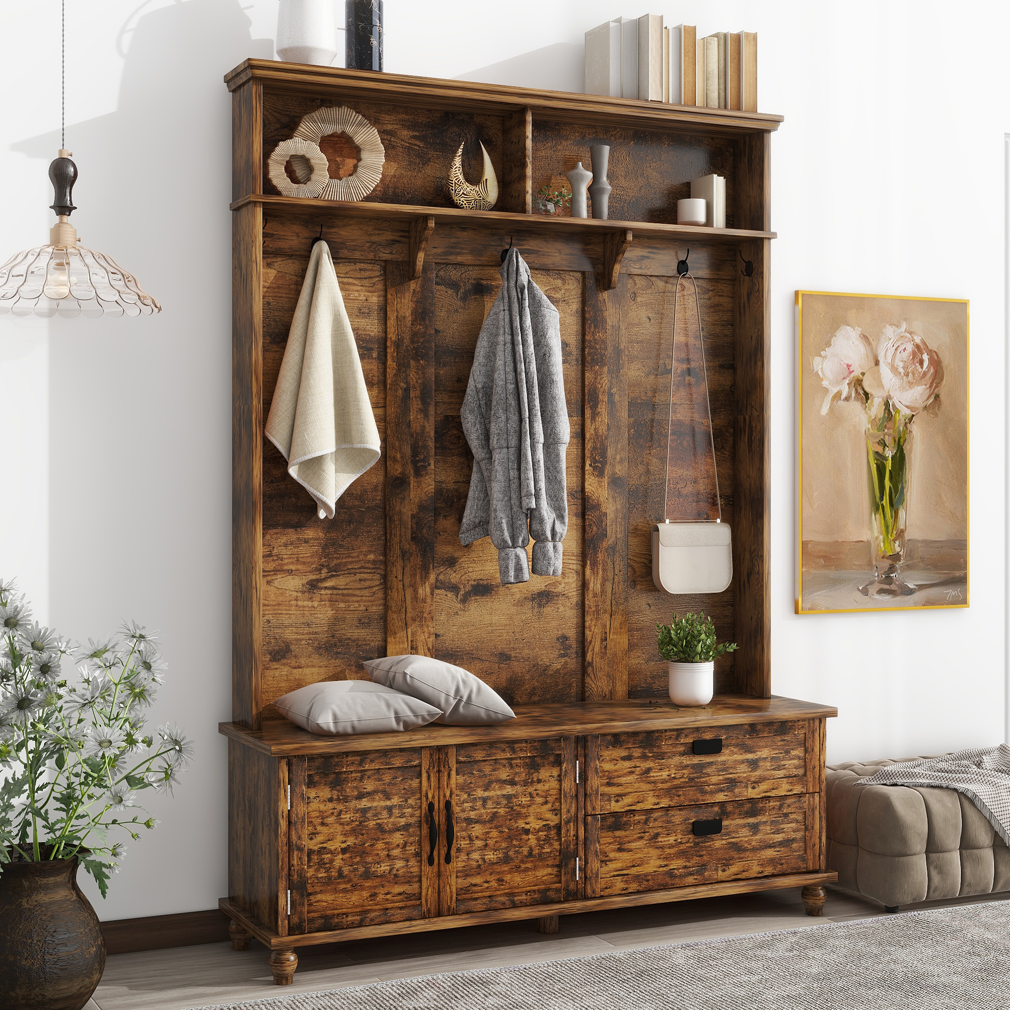 ON-TREND Modern Style Hall Tree with Storage Cabinet and 2 Large Drawers, Widen Mudroom Bench with 5 Coat Hooks, Rustic Brown