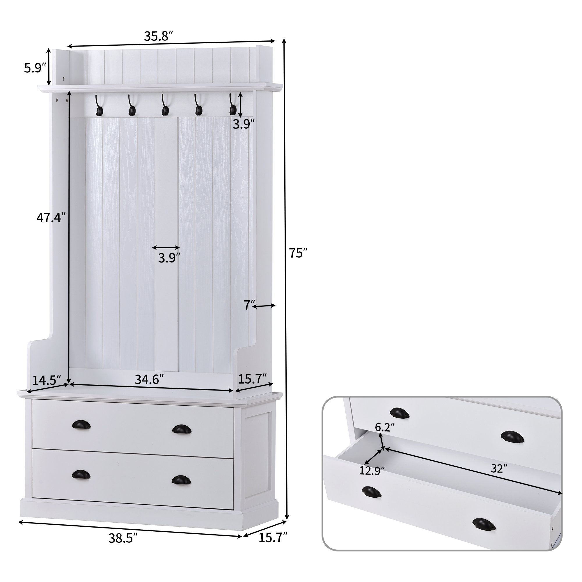 [VIDEO provided] ON-TREND Vintage Style 38.5" Wide Hallway Coat Rack with 5 Metal Hooks and 2 Large Drawers Hall Tree, Metal drawer Handles Entryway Bench Coat Hanger, White(OLD SKU: WF286982AAK)