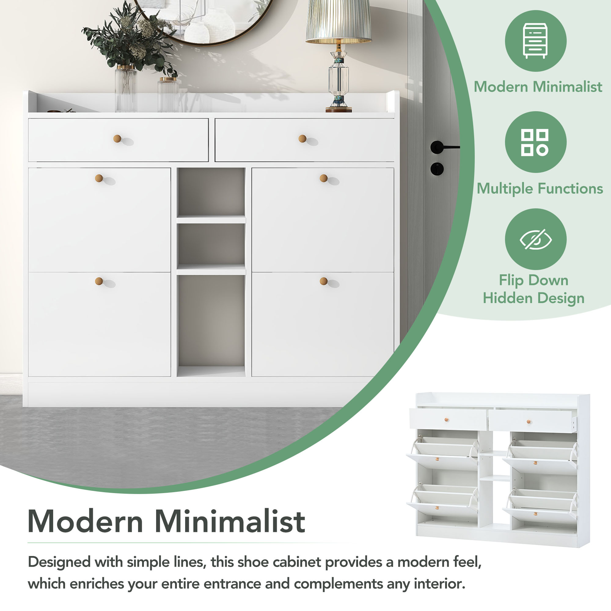 [VIDEO provided] ON-TREND Modern Shoe Cabinet with 4 Flip Drawers, Multifunctional 2-Tier Shoe Storage Organizer with Drawers, Free Standing Shoe Rack for Entrance Hallway, White.