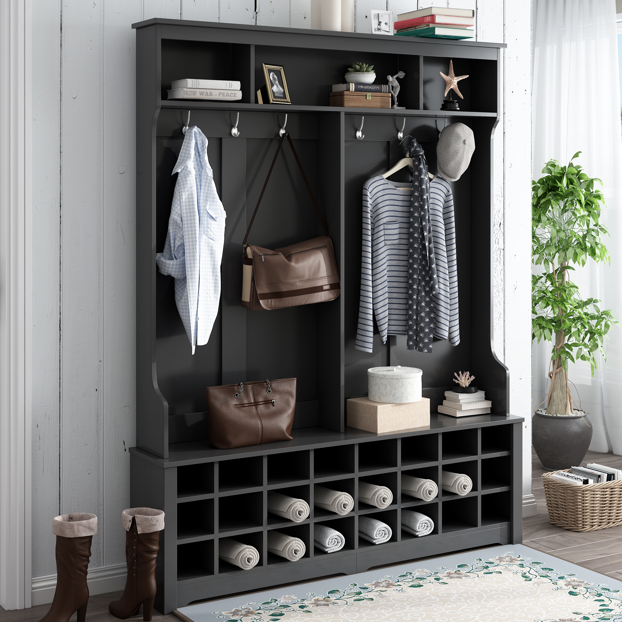 ON-TREND Modern Style Multiple Functions Hallway Coat Rack with Metal Hooks, Entryway Bench 60" Wide Hall Tree with Ample Storage Space and 24 Shoe Cubbies , Black (OLD SKU: WF286983AAB )