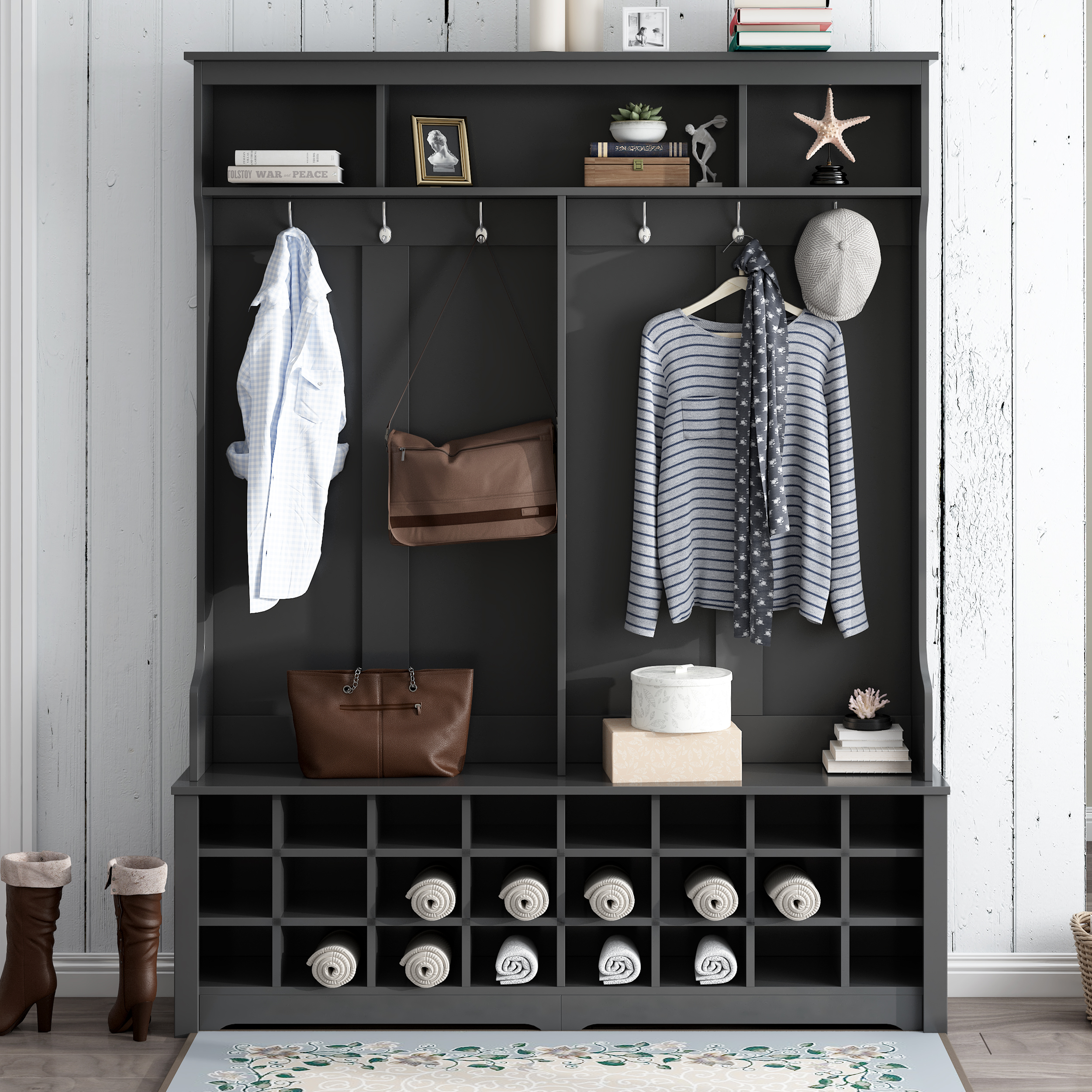 ON-TREND Modern Style Multiple Functions Hallway Coat Rack with Metal Hooks, Entryway Bench 60" Wide Hall Tree with Ample Storage Space and 24 Shoe Cubbies , Black (OLD SKU: WF286983AAB )