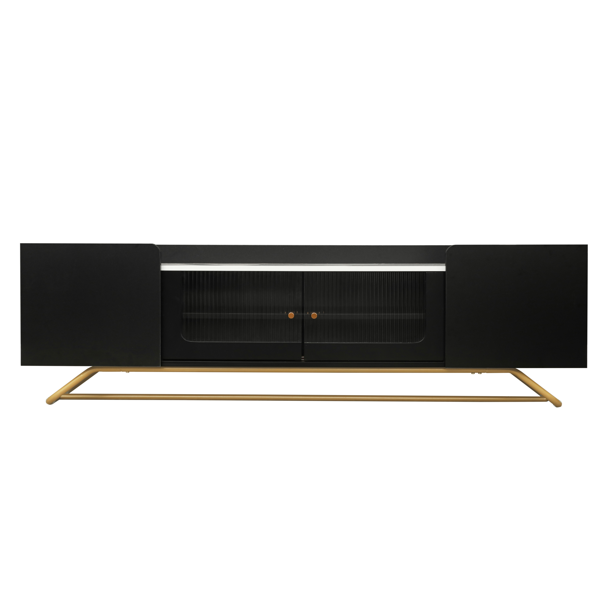 ON-TREND Sleek Design TV Stand with Fluted Glass, Contemporary Entertainment Center for TVs Up to 70", Faux Marble Top TV Console Table with Gold Frame Base, Black