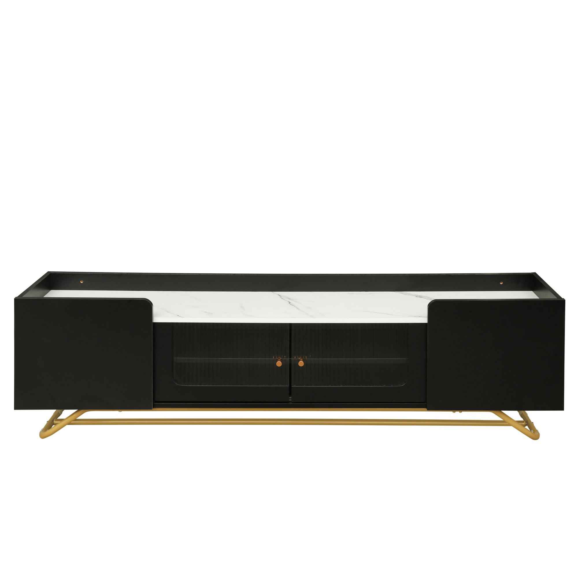 ON-TREND Sleek Design TV Stand with Fluted Glass, Contemporary Entertainment Center for TVs Up to 70", Faux Marble Top TV Console Table with Gold Frame Base, Black