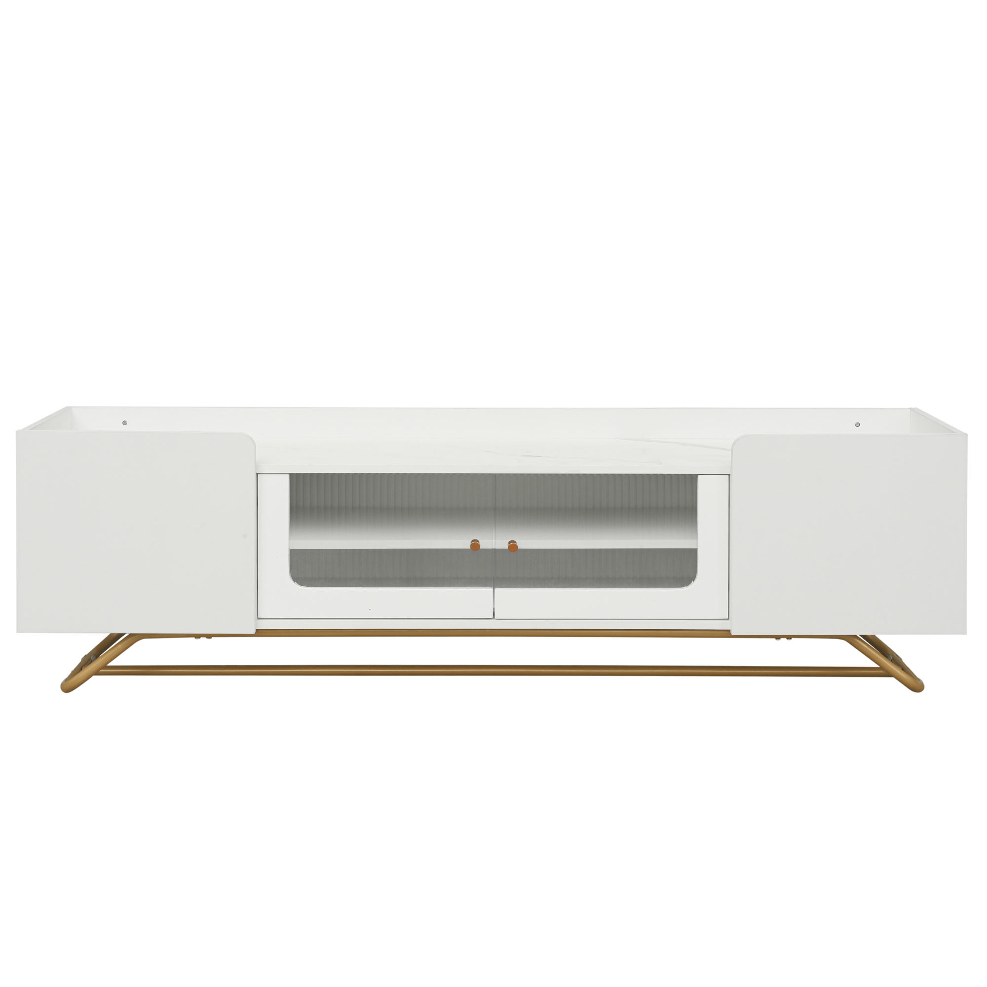 ON-TREND Sleek Design TV Stand with Fluted Glass, Contemporary Entertainment Center for TVs Up to 70", Faux Marble Top TV Console Table with Gold Frame Base, White