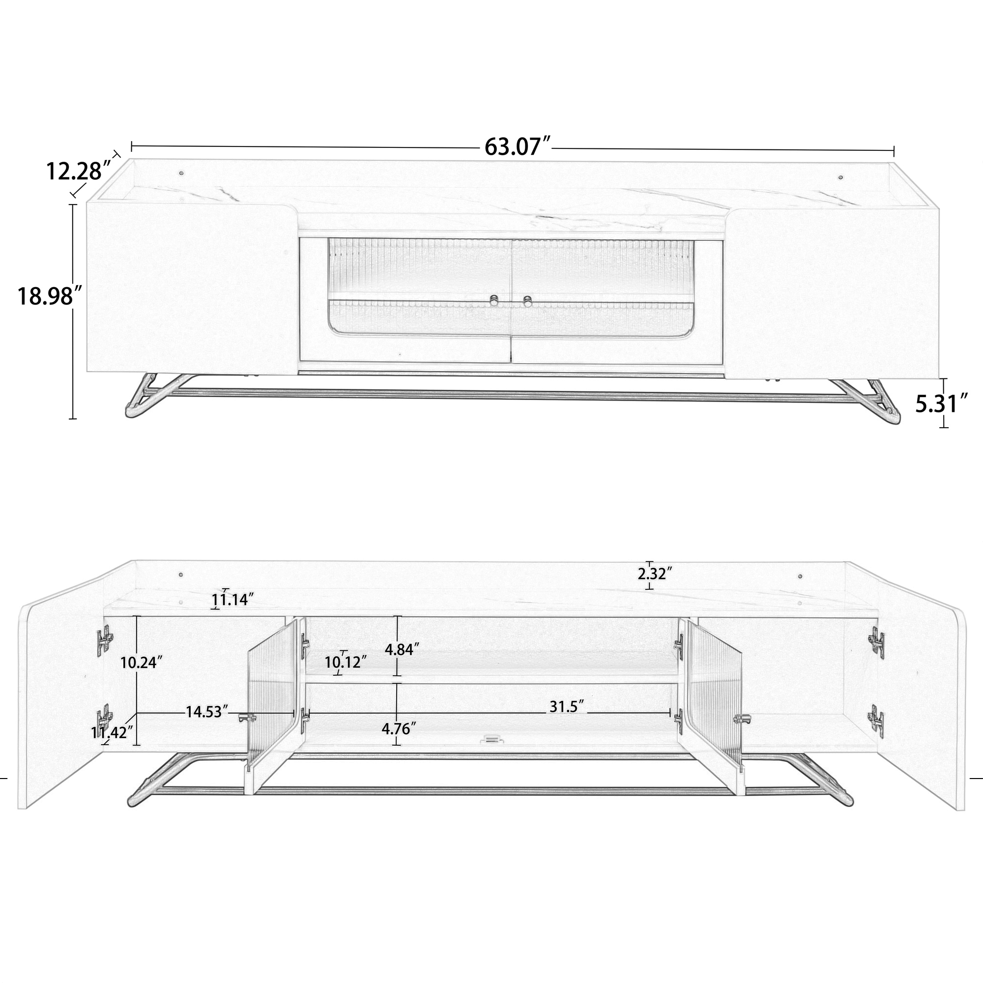 ON-TREND Sleek Design TV Stand with Fluted Glass, Contemporary Entertainment Center for TVs Up to 70", Faux Marble Top TV Console Table with Gold Frame Base, White