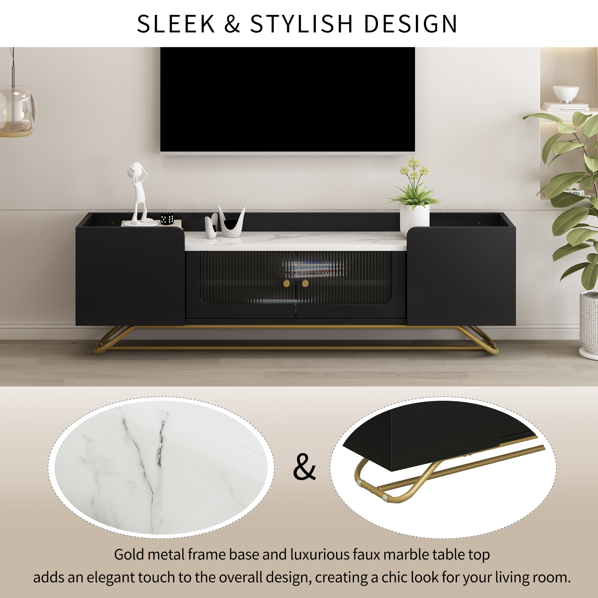 ON-TREND Sleek Design TV Stand with Fluted Glass, Contemporary Entertainment Center for TVs Up to 70", Faux Marble Top TV Console Table with Gold Frame Base, Black