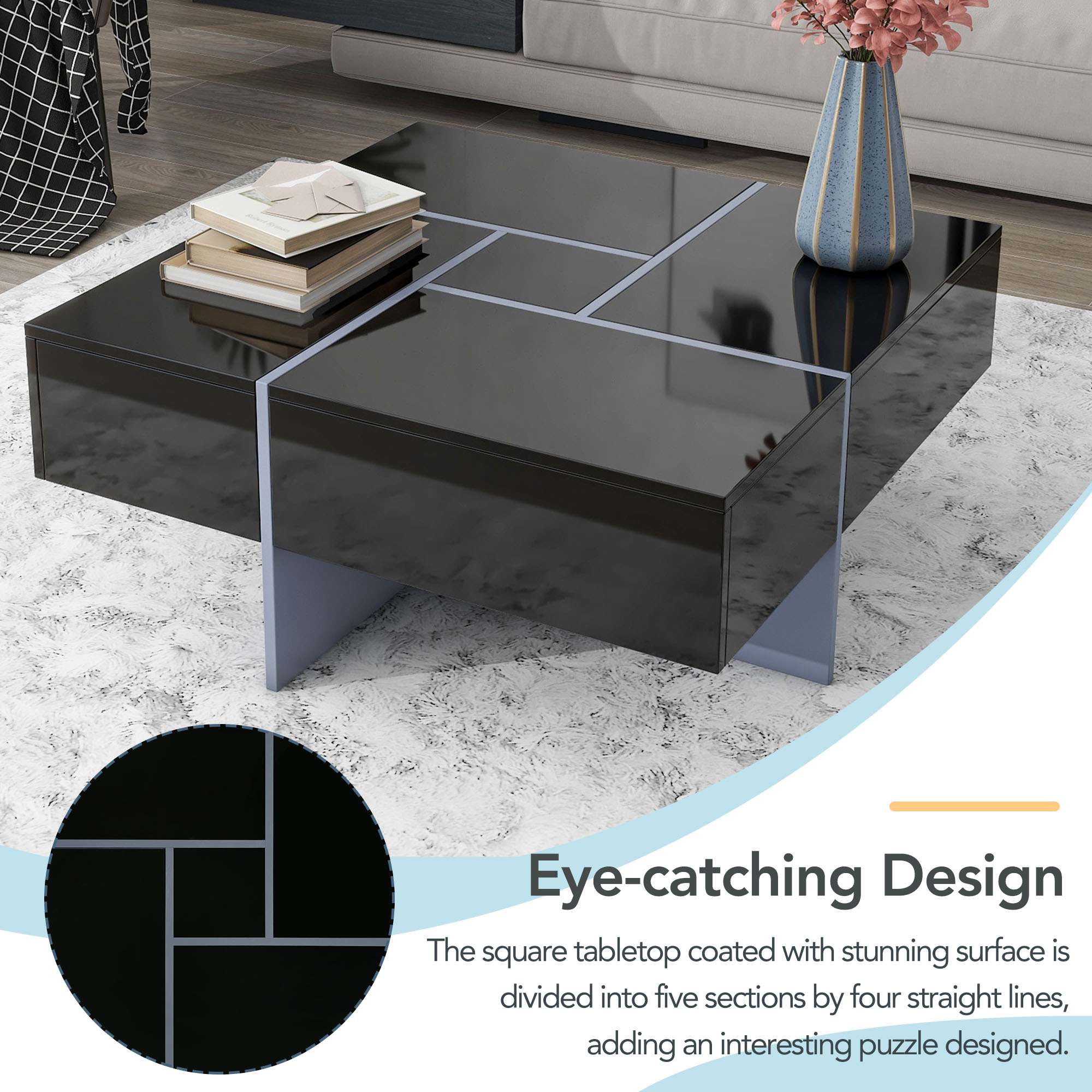 ON-TREND Unique Design Coffee Table with 4 Hidden Storage Compartments, Square Cocktail Table with Extendable Sliding Tabletop, UV High-gloss Design Center Table for Living Room, 31.5"x 31.5"