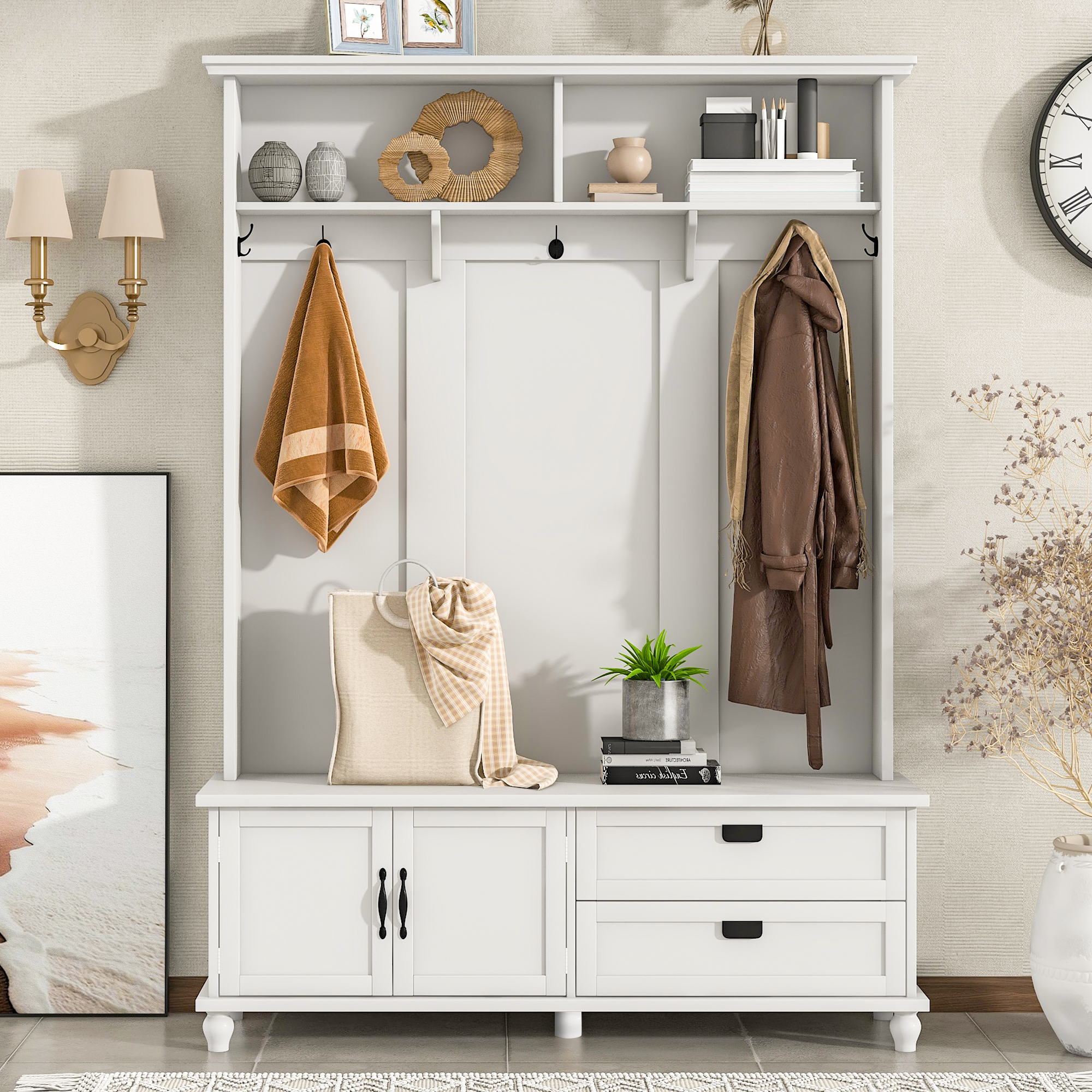 [VIDEO provided] ON-TREND Modern Style Hall Tree with Storage Cabinet and 2 Large Drawers, Widen Mudroom Bench with 5 Coat Hooks, White