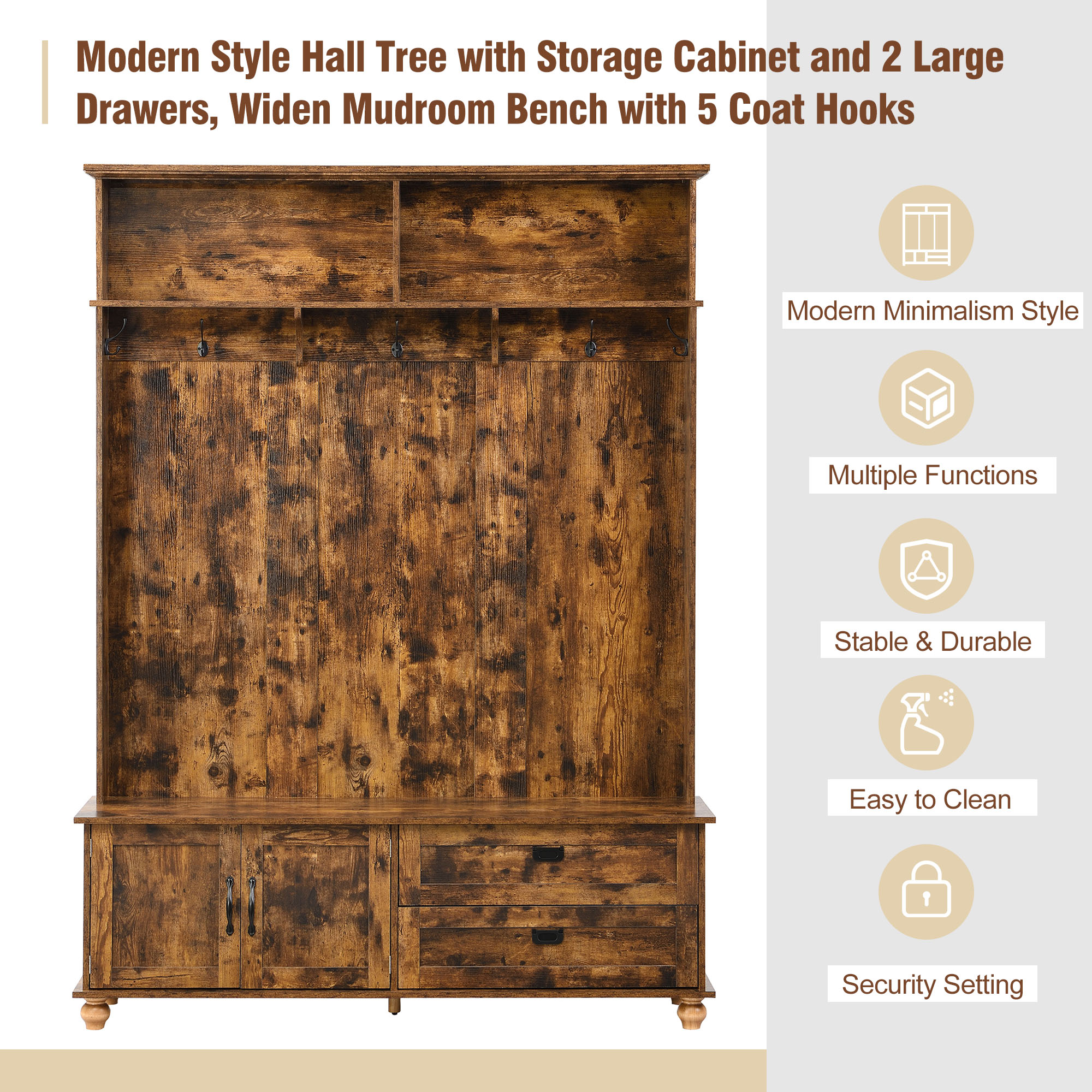 ON-TREND Modern Style Hall Tree with Storage Cabinet and 2 Large Drawers, Widen Mudroom Bench with 5 Coat Hooks, Rustic Brown