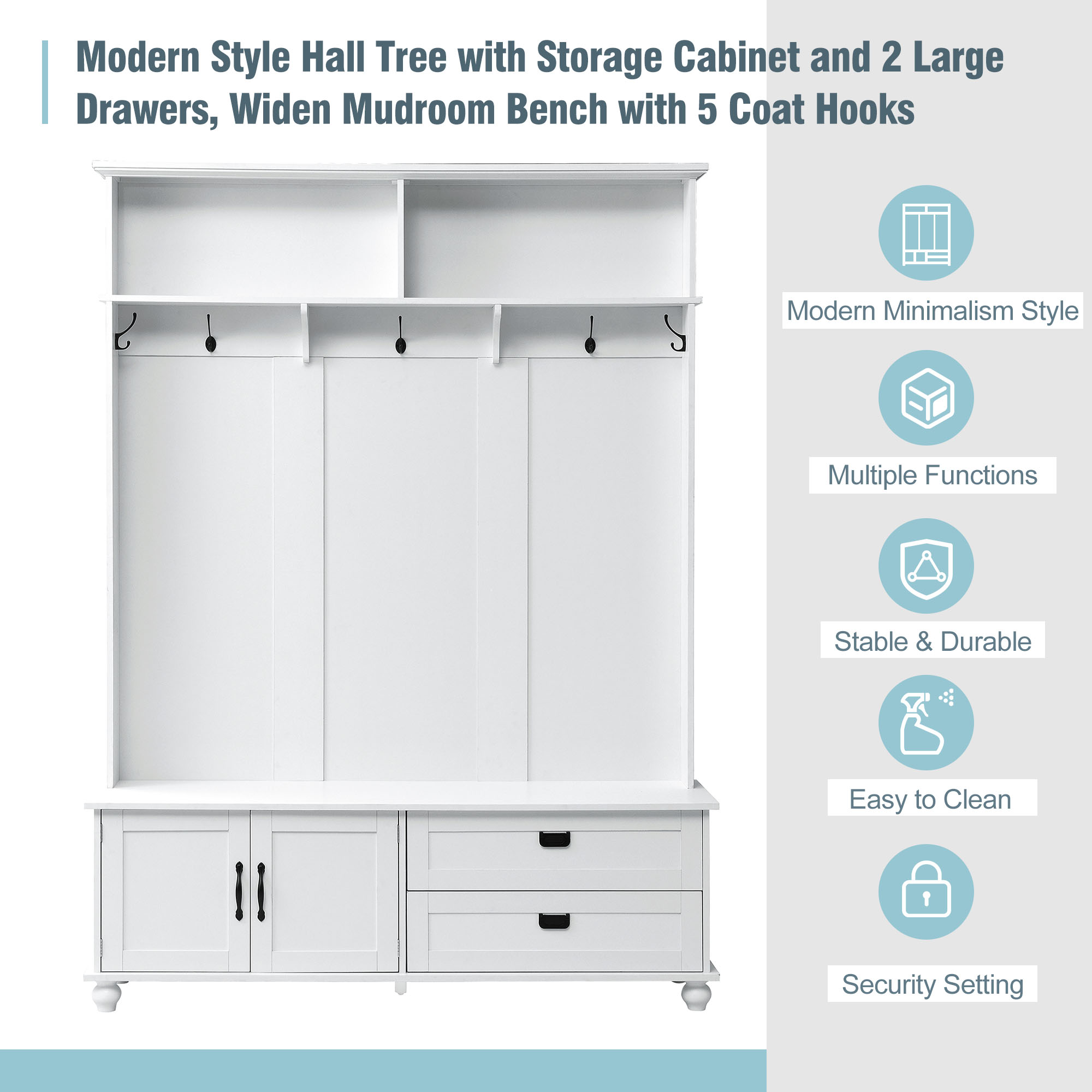 [VIDEO provided] ON-TREND Modern Style Hall Tree with Storage Cabinet and 2 Large Drawers, Widen Mudroom Bench with 5 Coat Hooks, White