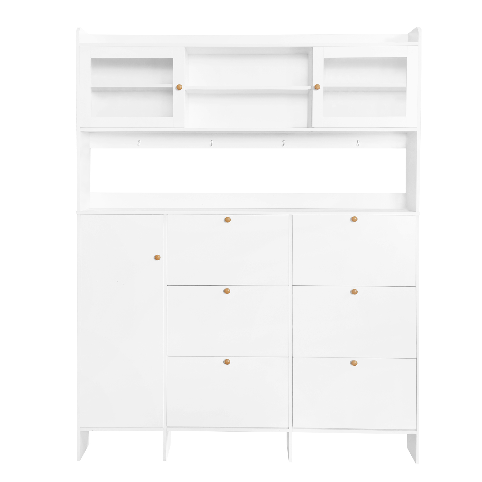 [VIDEO provided] ON-TREND Multifunctional Shoe Cabinet with Storage Shelf & 6 Flip Drawers, Modern Large Hall Tree with Tempered Glass Doors, Elegant Foyer Cabinet with 4 Hooks for Hallway, White