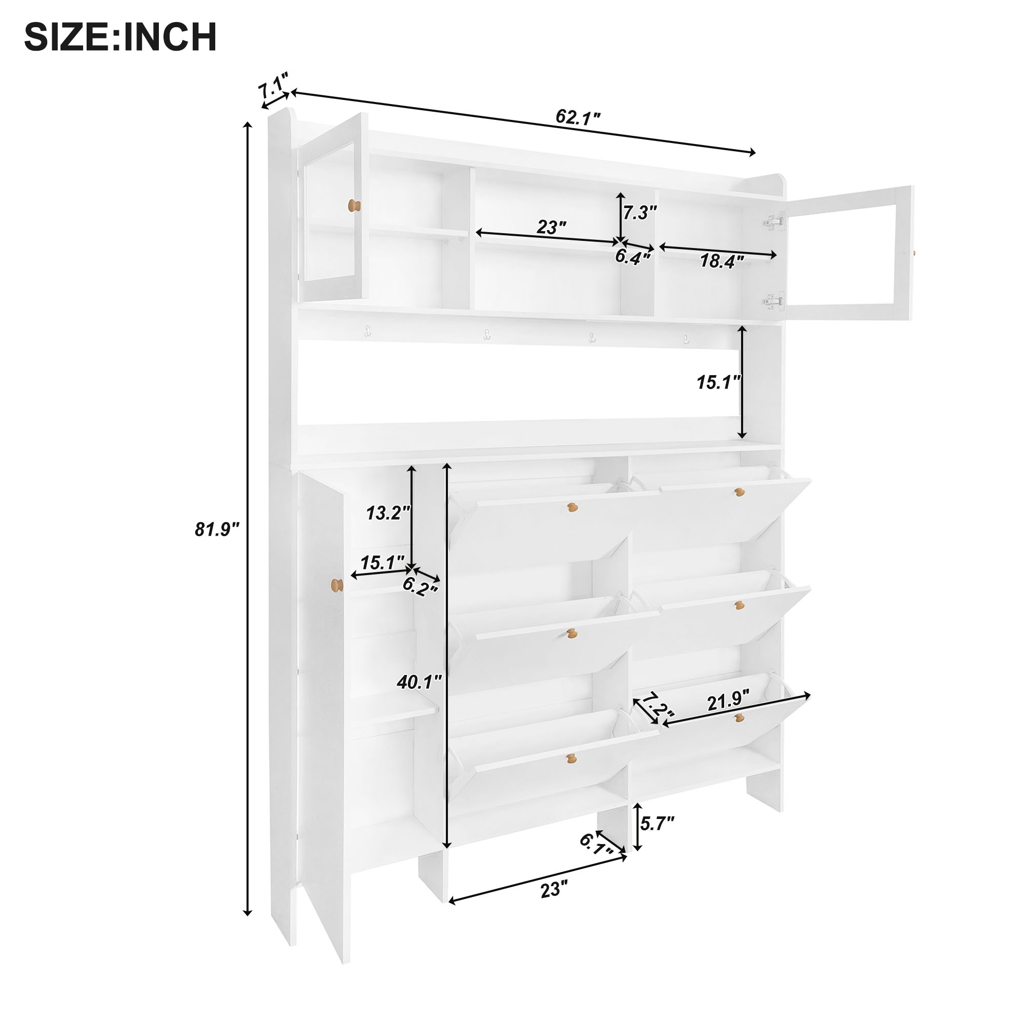 [VIDEO provided] ON-TREND Multifunctional Shoe Cabinet with Storage Shelf & 6 Flip Drawers, Modern Large Hall Tree with Tempered Glass Doors, Elegant Foyer Cabinet with 4 Hooks for Hallway, White